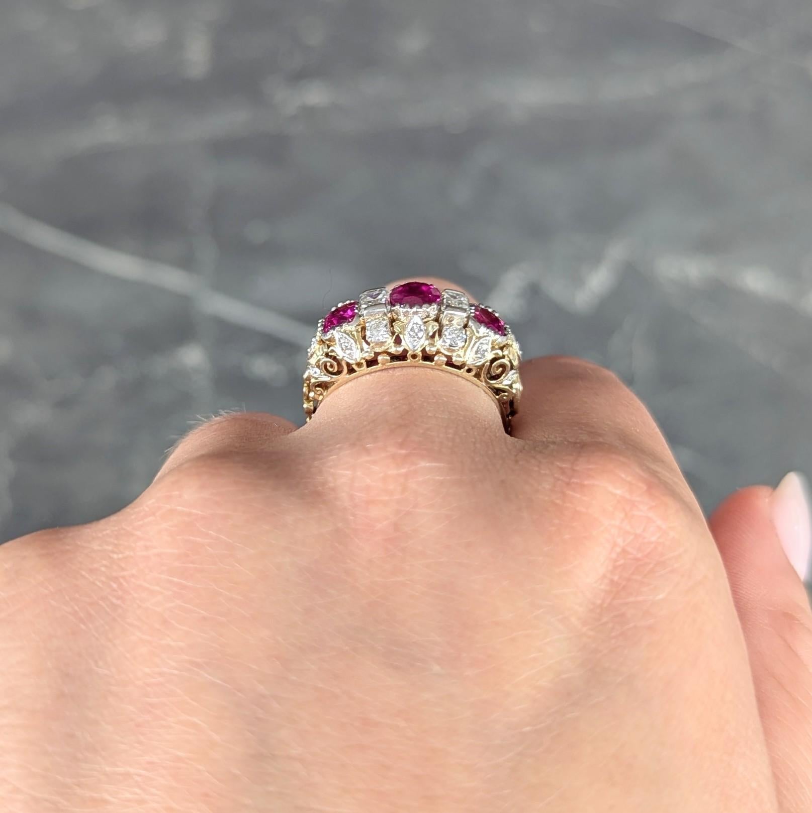 Edwardian 3.00 CTW Diamond Ruby Platinum 14K Gold Antique Scroll Band Ring GIA