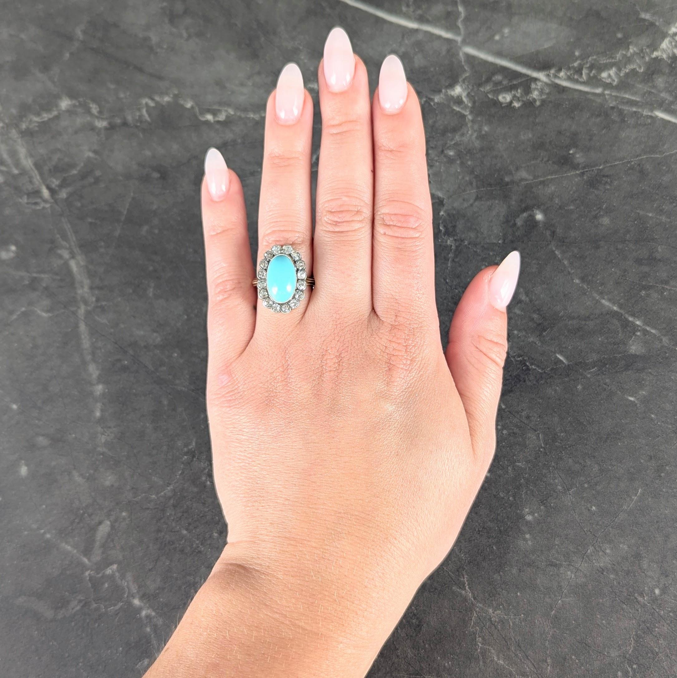 Early Victorian Diamond Turquoise Silver 14 Karat Yellow Gold Antique Halo Ring