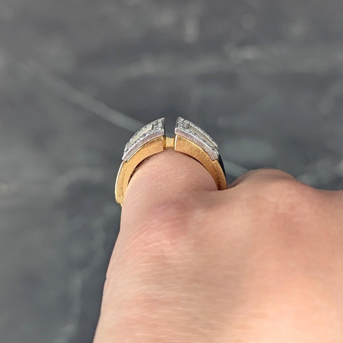 David Webb Diamond Black Enamel Platinum 18 Karat Yellow Gold Gap Ring