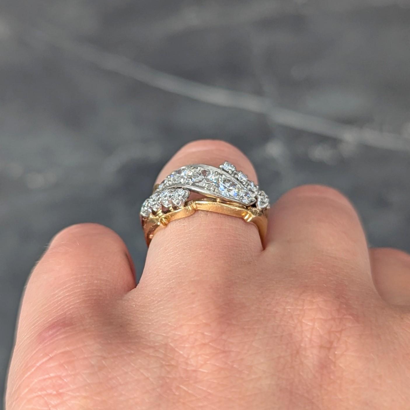 Mid-Century 1.12 CTW Diamond Platinum 18 Karat Gold Vintage Twist Band Ring