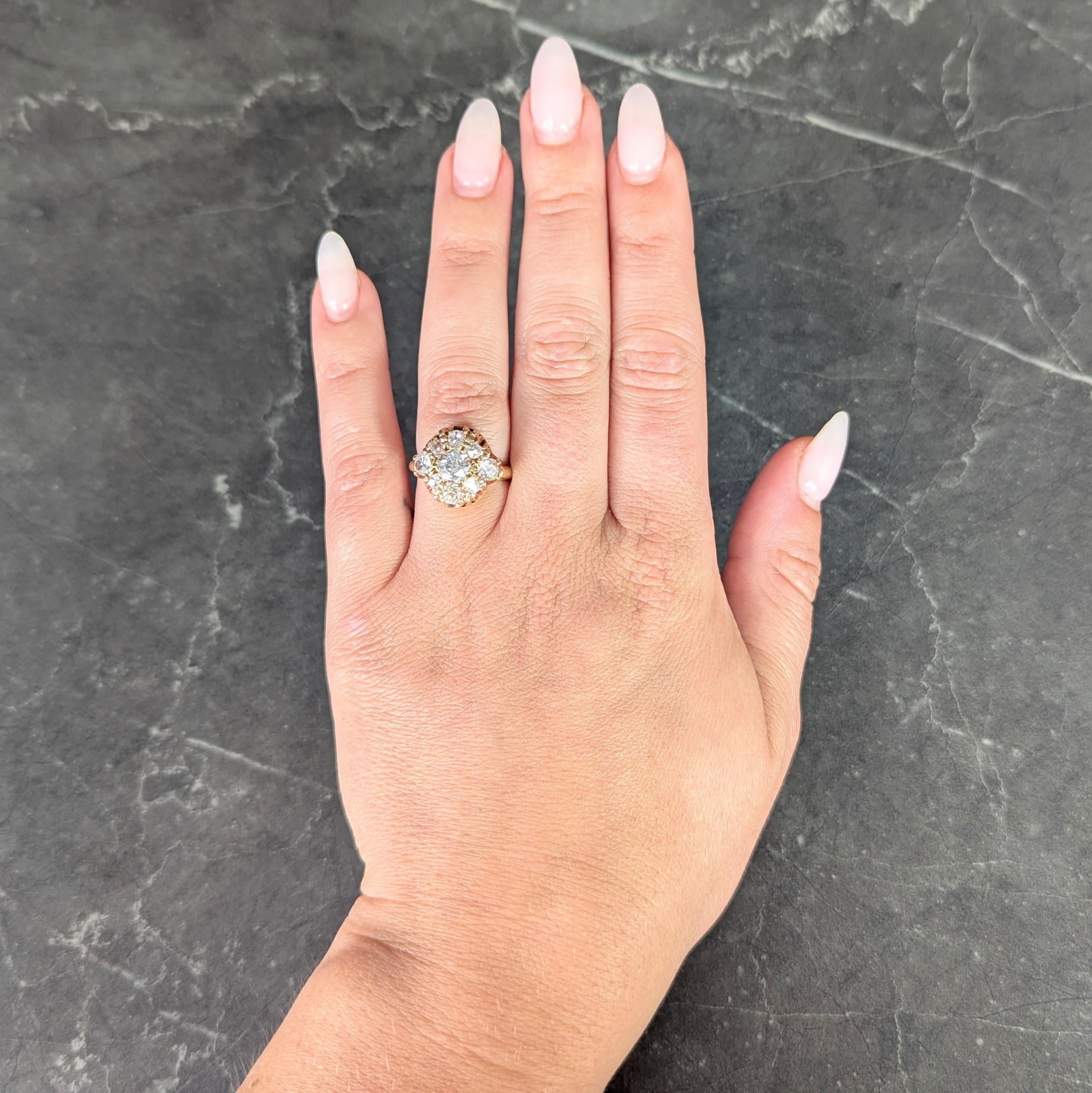 Victorian Old European Cut Diamond 14 Karat Yellow Gold Antique Cluster Ring