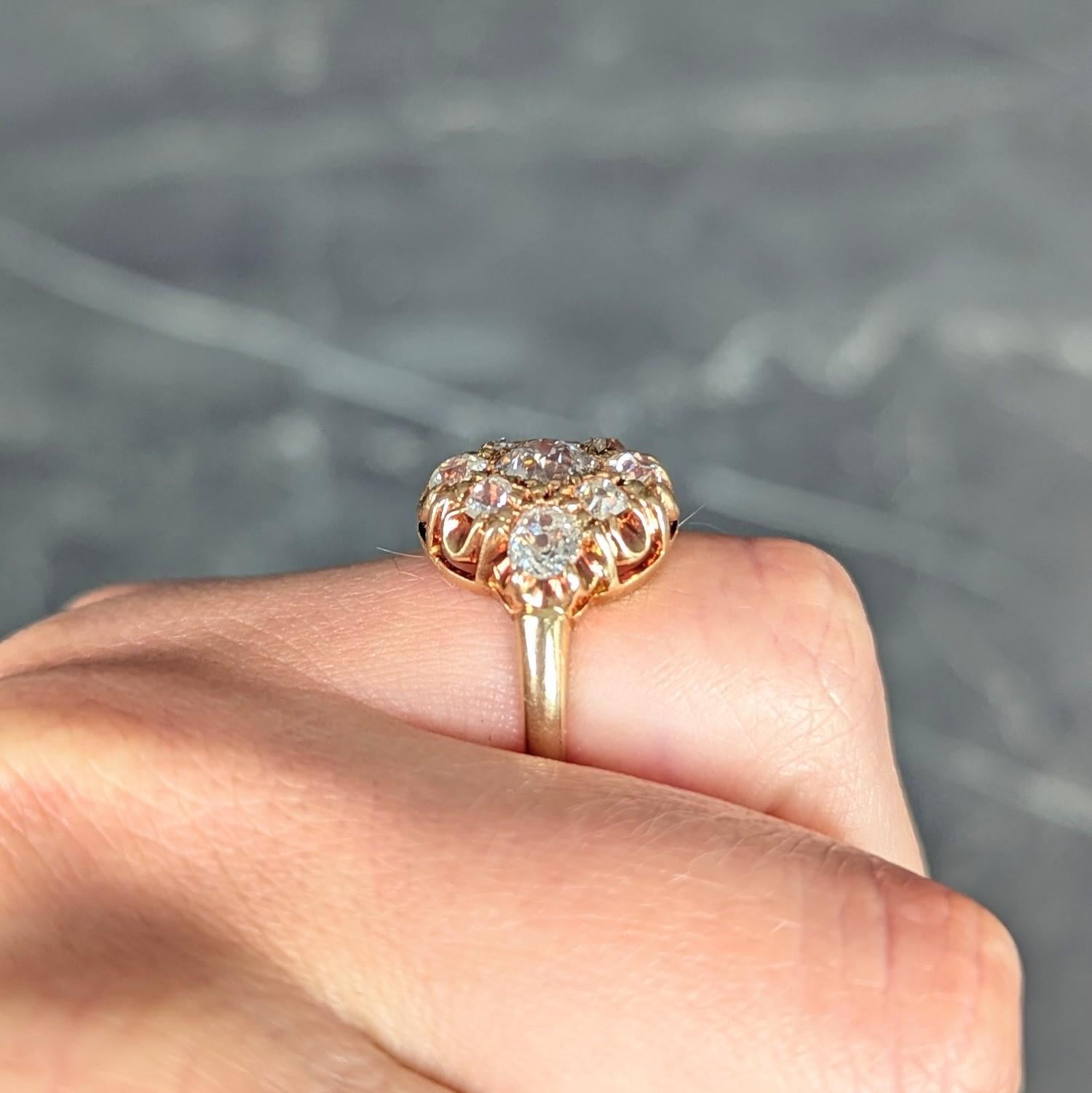 Victorian Old European Cut Diamond 14 Karat Yellow Gold Antique Cluster Ring