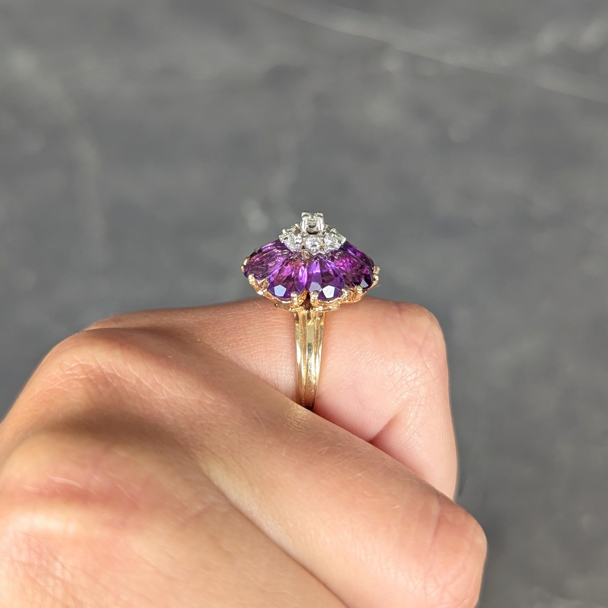 1960's 5.92 CTW Amethyst Diamond 14K Gold Vintage Cluster Cocktail Ring