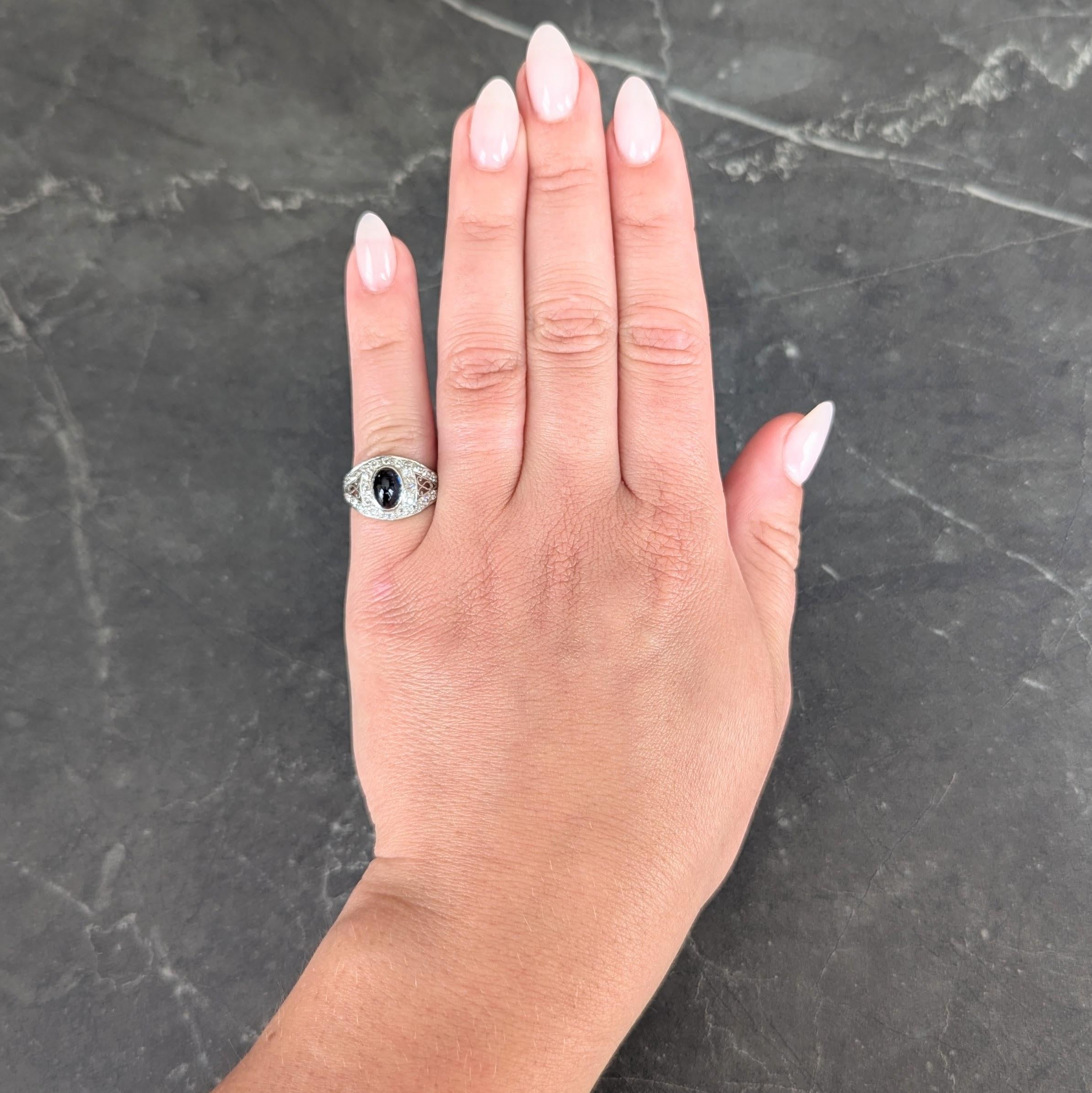 Art Deco Cabochon Sapphire Diamond Platinum Vintage Scrolling Bombé Ring