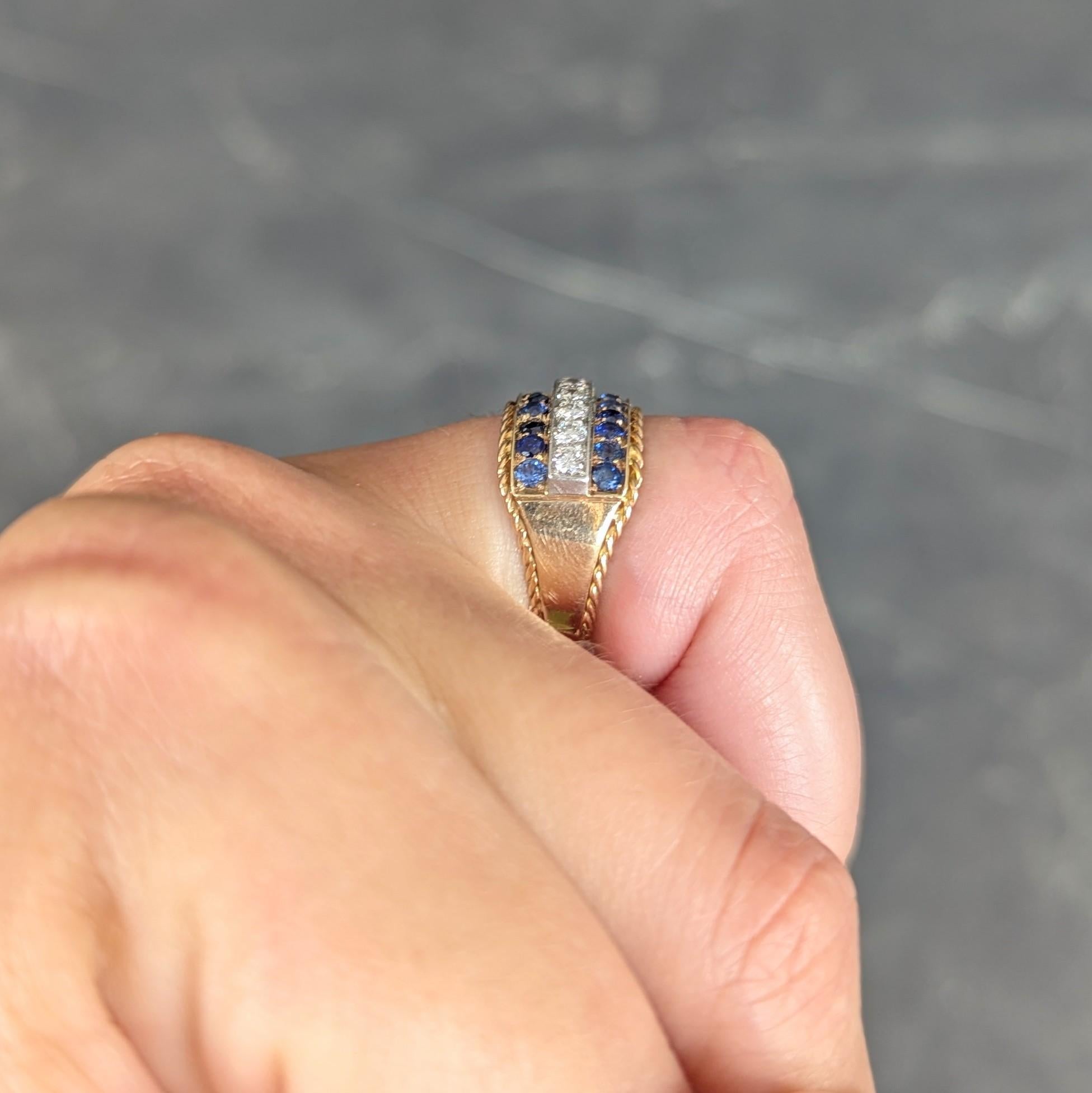 1960's Diamond Sapphire Platinum 14K Gold Vintage Twisted Rope Band Ring