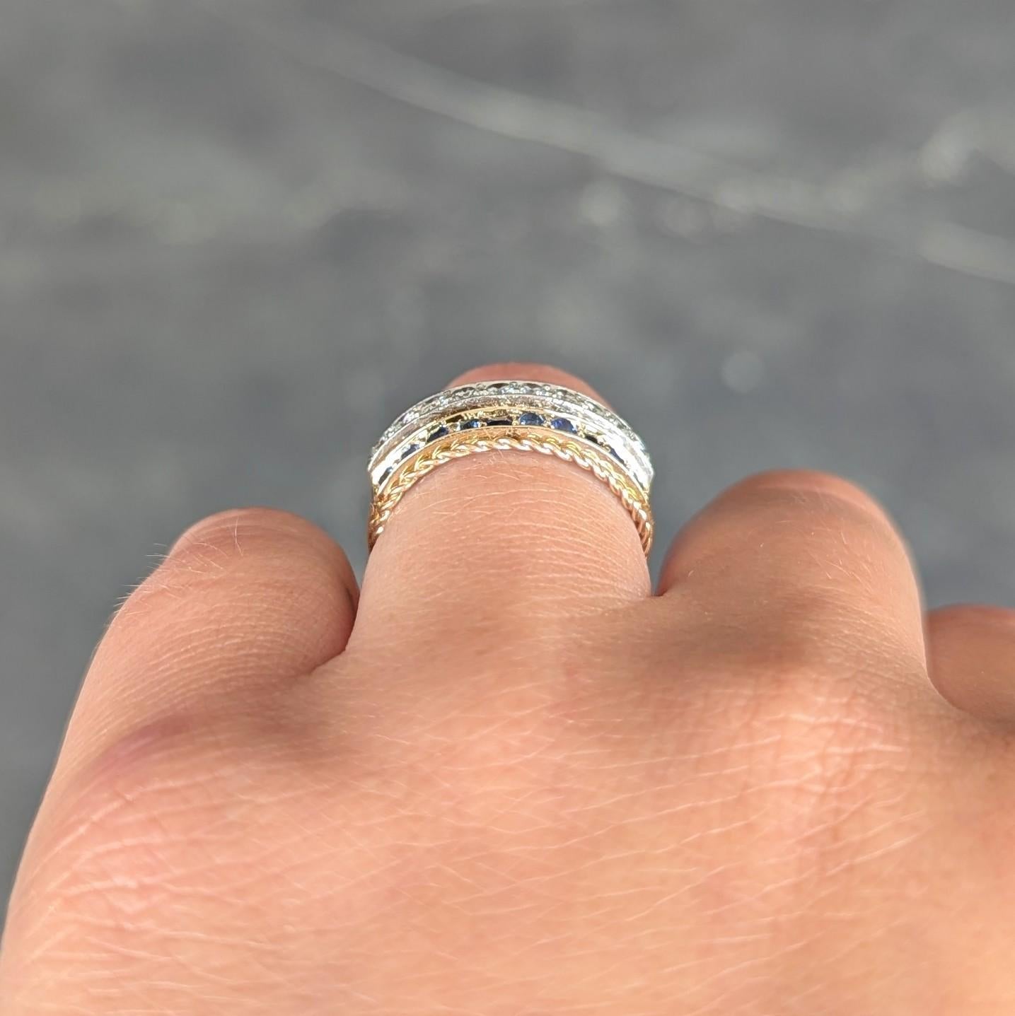 1960's Diamond Sapphire Platinum 14K Gold Vintage Twisted Rope Band Ring