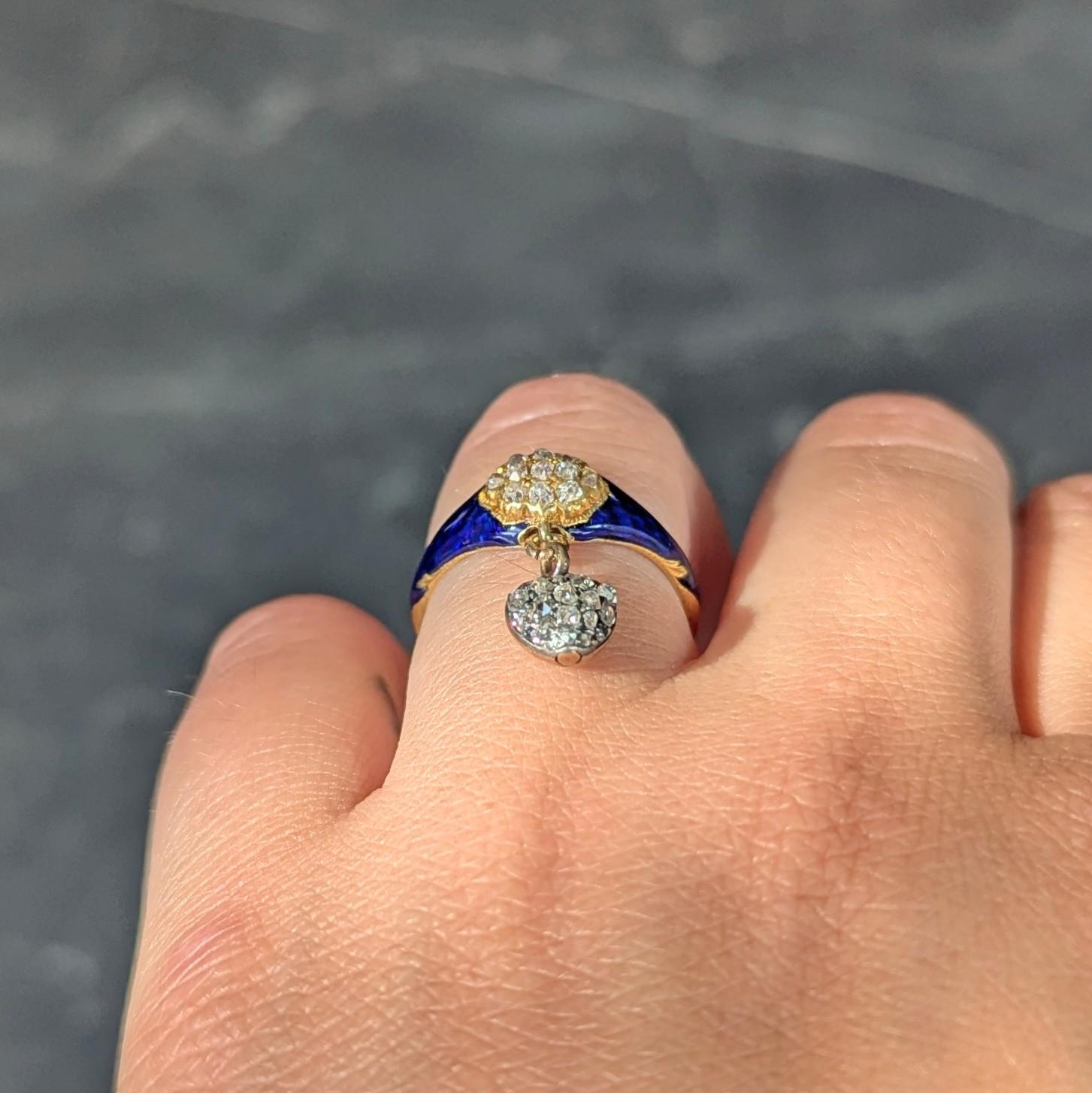 Victorian Diamond Blue Enamel 18K Yellow Gold Antique Heart Cluster Ring