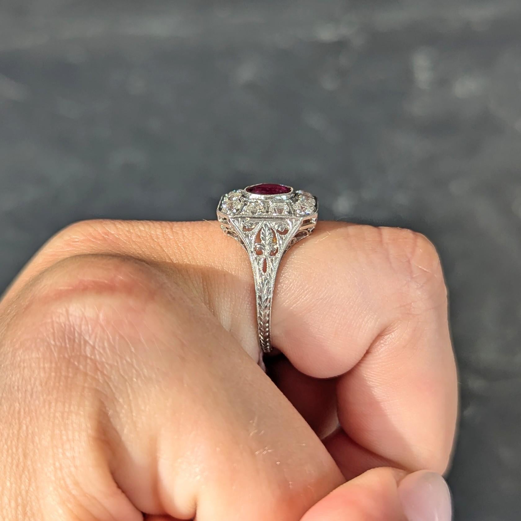 Art Deco 2.18 CTW No Heat Ruby Diamond Platinum Vintage Foliate Halo Ring GIA