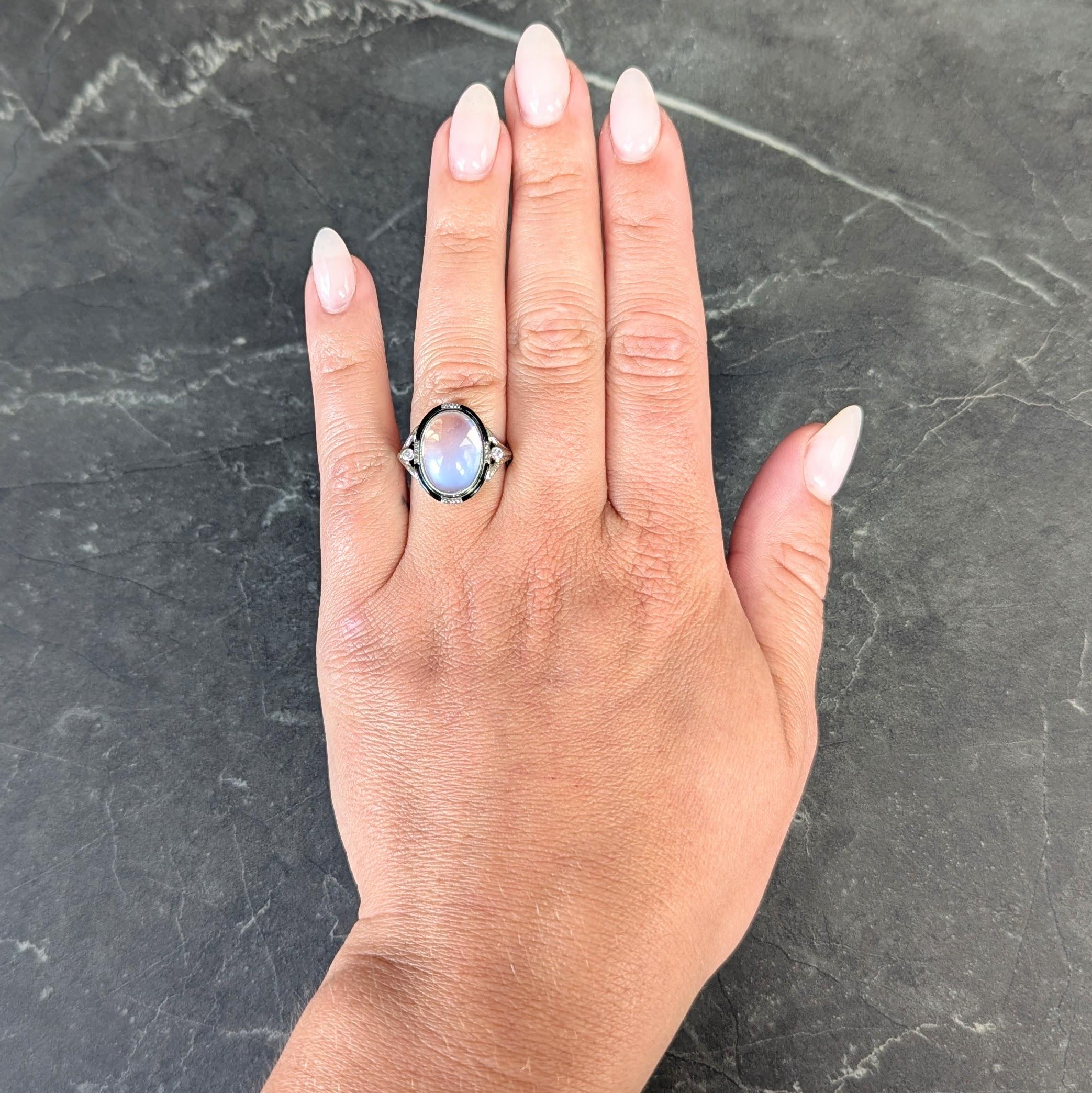 Art Deco Moonstone Diamond Enamel 18 Karat White Gold Vintage Cocktail Ring