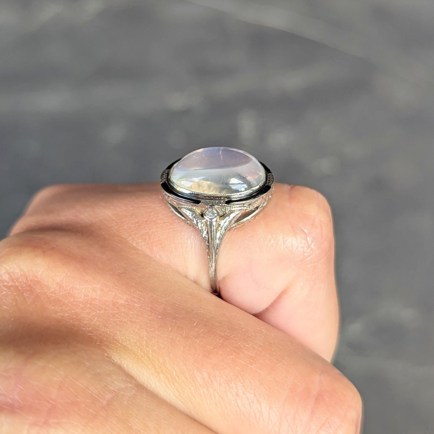 Art Deco Moonstone Diamond Enamel 18 Karat White Gold Vintage Cocktail Ring