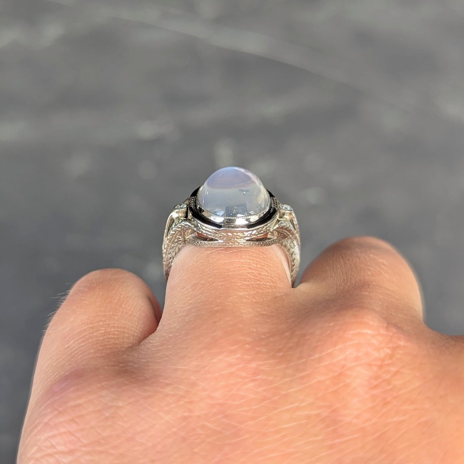 Art Deco Moonstone Diamond Enamel 18 Karat White Gold Vintage Cocktail Ring