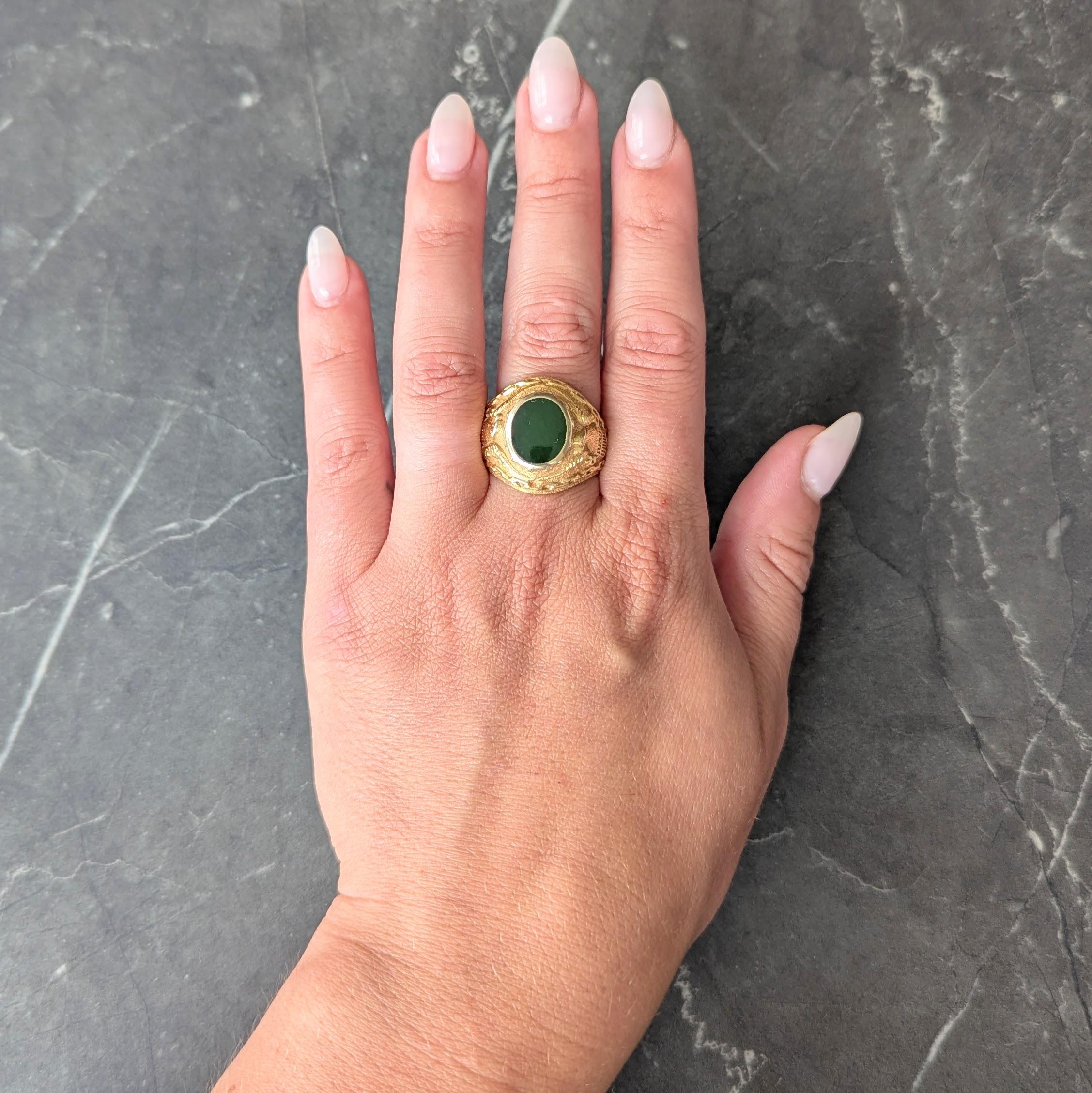 1960's Nephrite Jade 14 Karat Yellow Gold Vintage U.S. Navy Signet Ring
