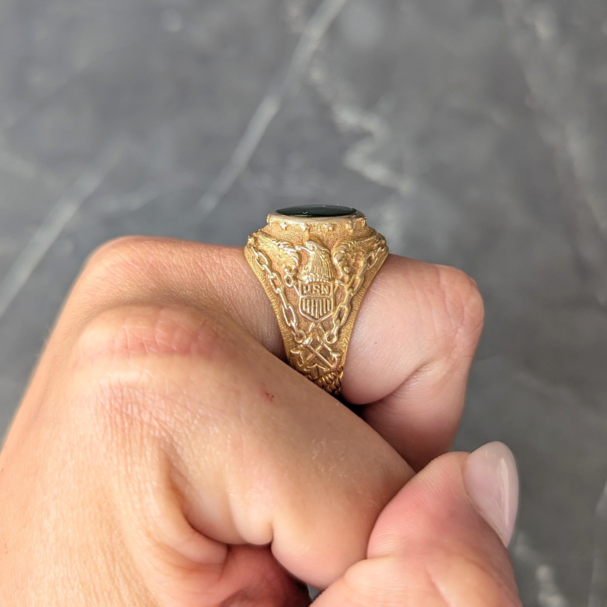 1960's Nephrite Jade 14 Karat Yellow Gold Vintage U.S. Navy Signet Ring