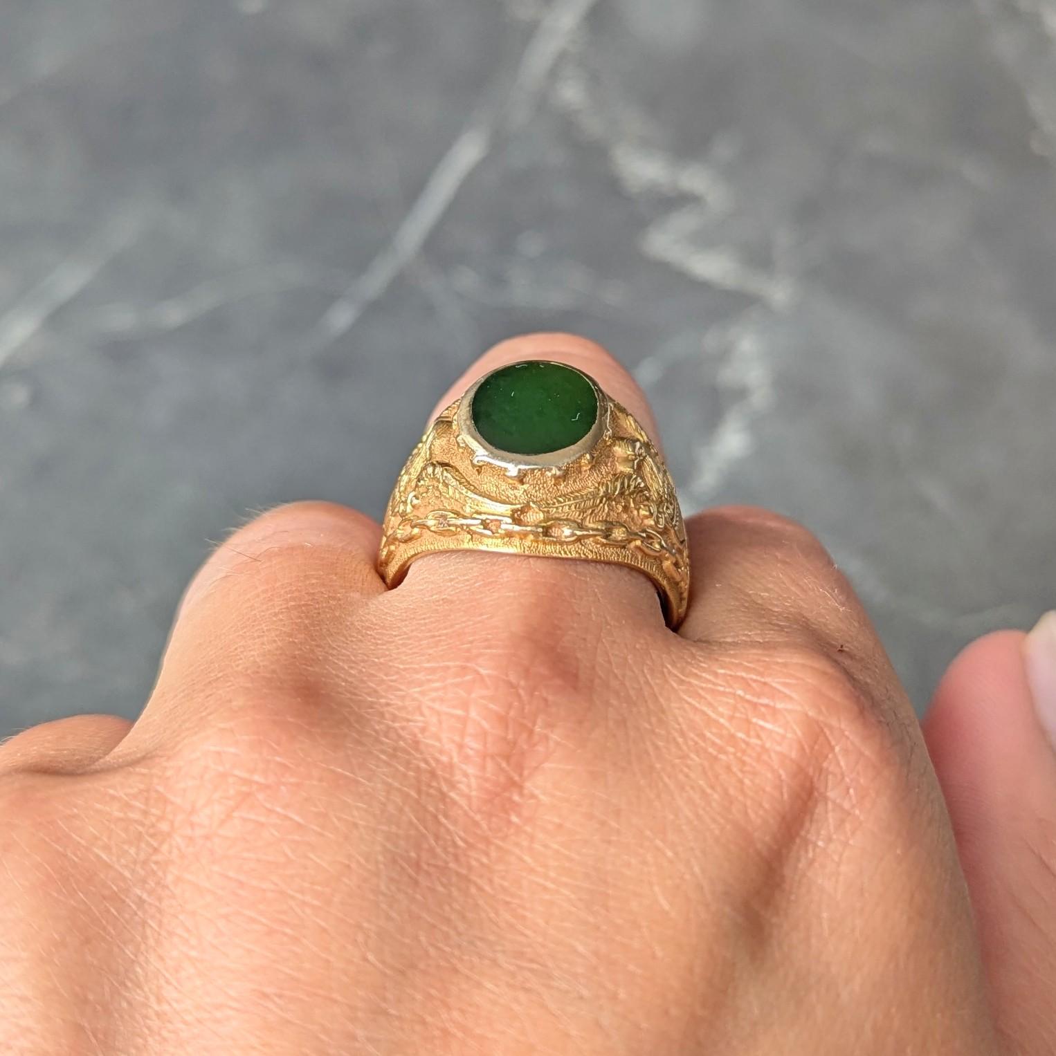 1960's Nephrite Jade 14 Karat Yellow Gold Vintage U.S. Navy Signet Ring