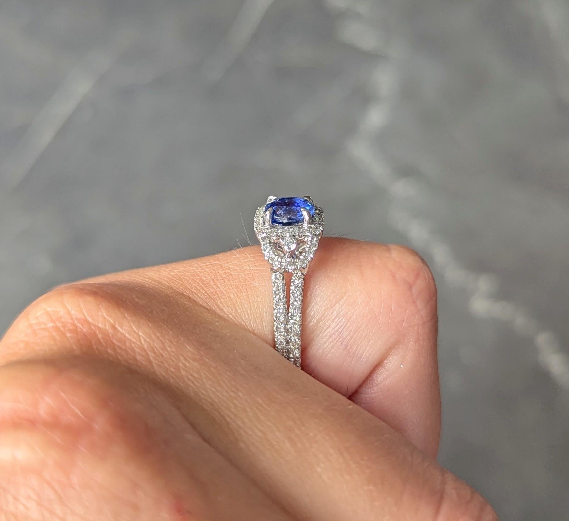 Contemporary 1.98 CTW Sapphire Diamond 18 Karat White Gold Halo Ring