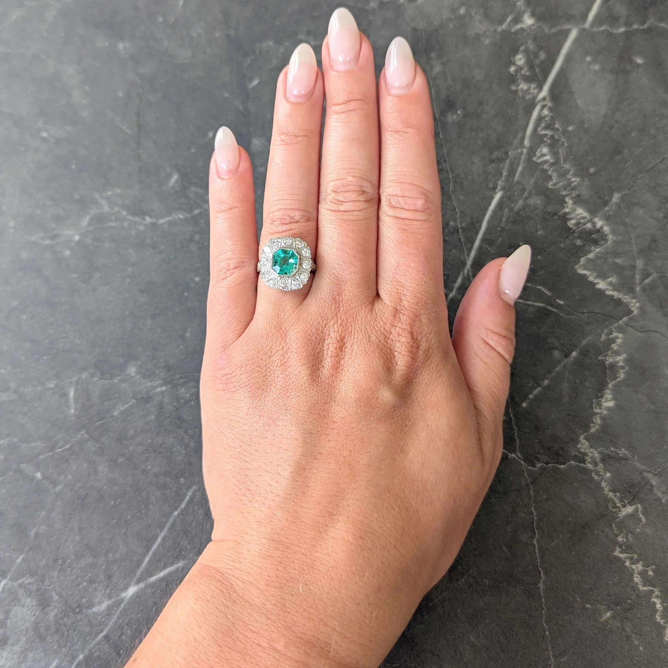 Art Deco 3.05 CTW No Oil Colombian Emerald Diamond Platinum Vintage Halo Ring