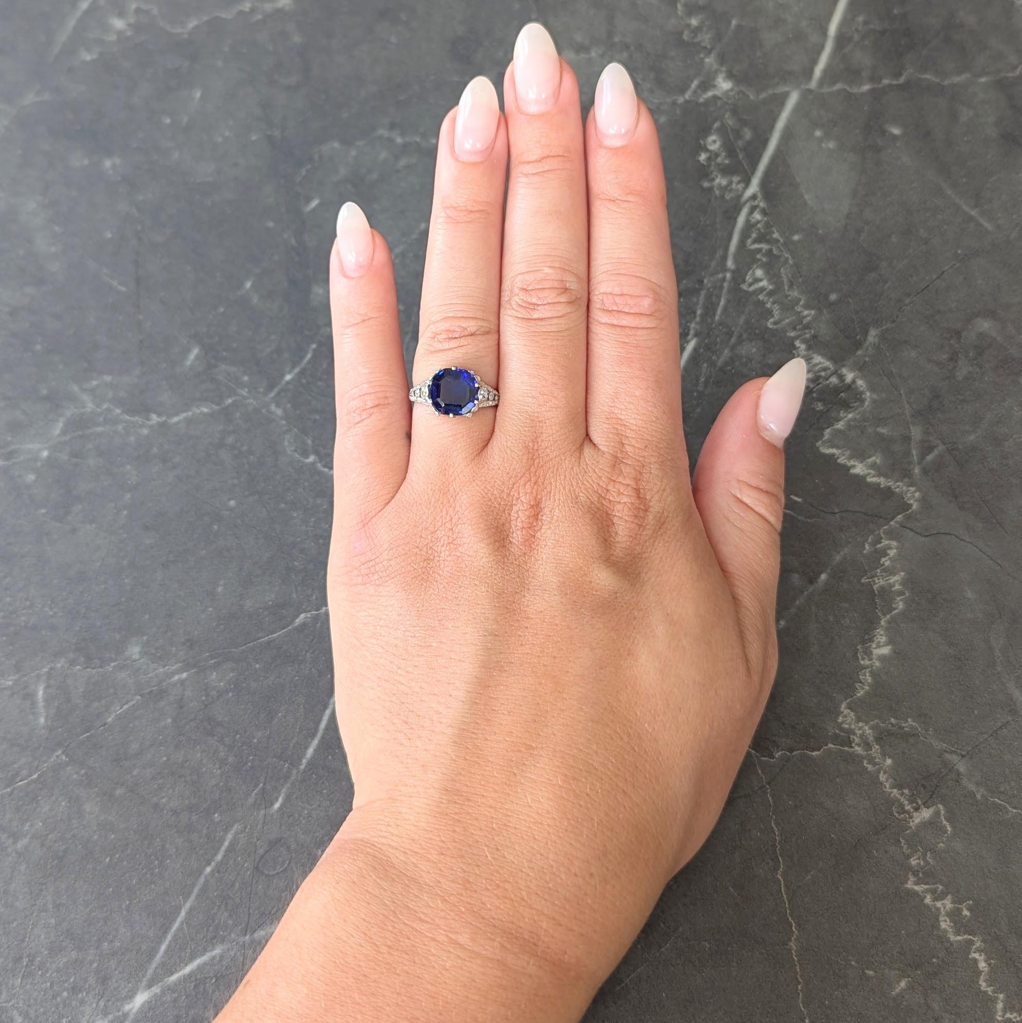 French Art Deco 4.37 CTW No Heat Burma Sapphire Platinum Antique Burmese Ring