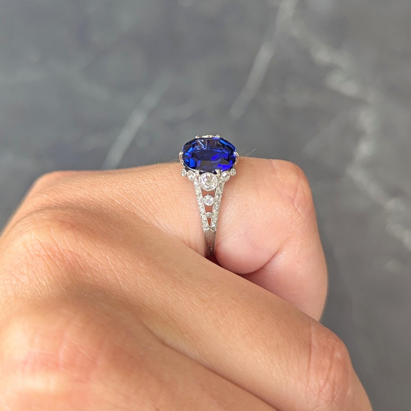 French Art Deco 4.37 CTW No Heat Burma Sapphire Platinum Antique Burmese Ring