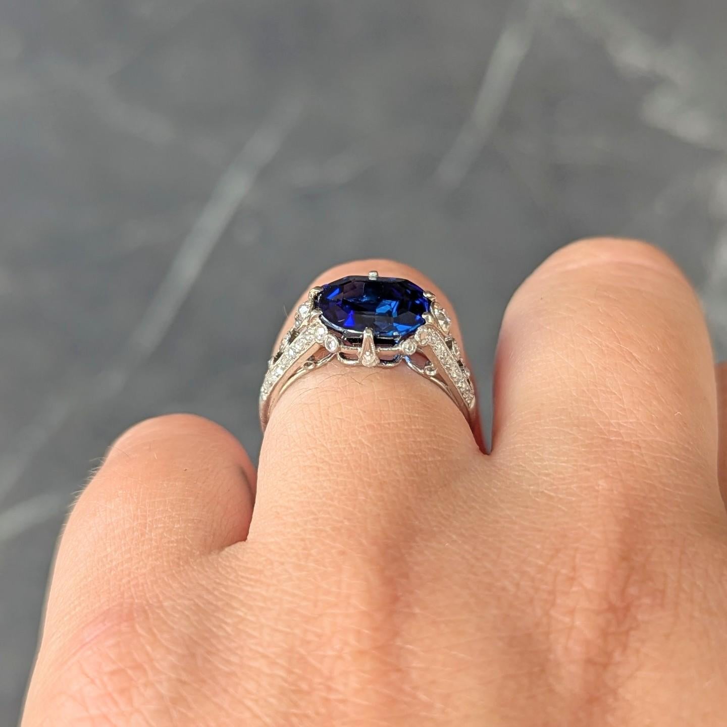 French Art Deco 4.37 CTW No Heat Burma Sapphire Platinum Antique Burmese Ring