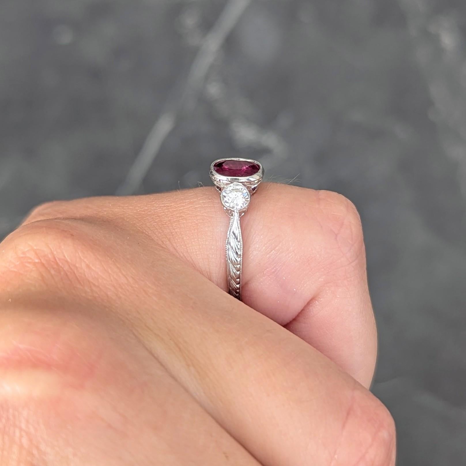 Contemporary 1.53 CTW Ruby Diamond Platinum Vintage Three Stone Ring
