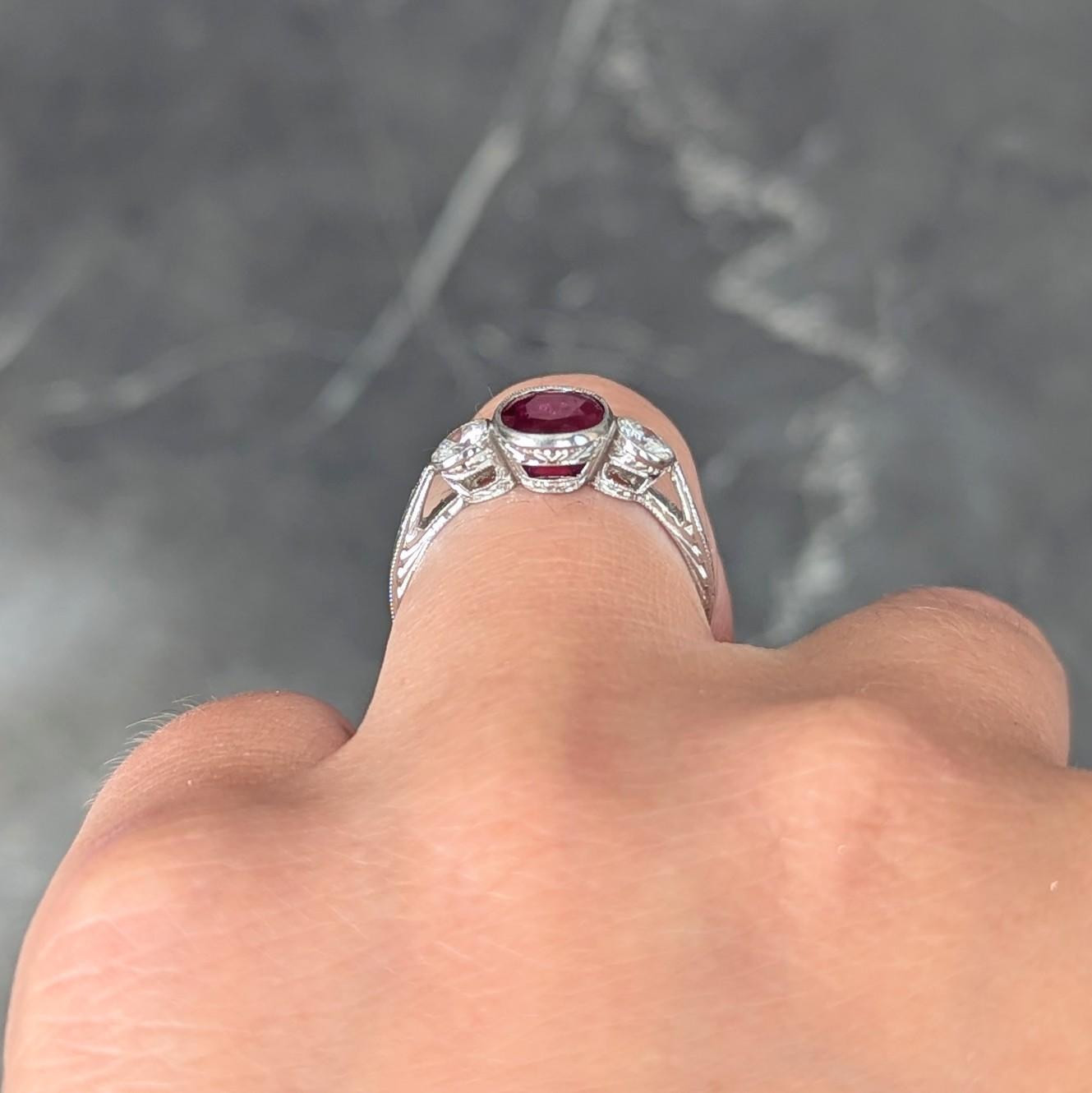Contemporary 1.53 CTW Ruby Diamond Platinum Vintage Three Stone Ring