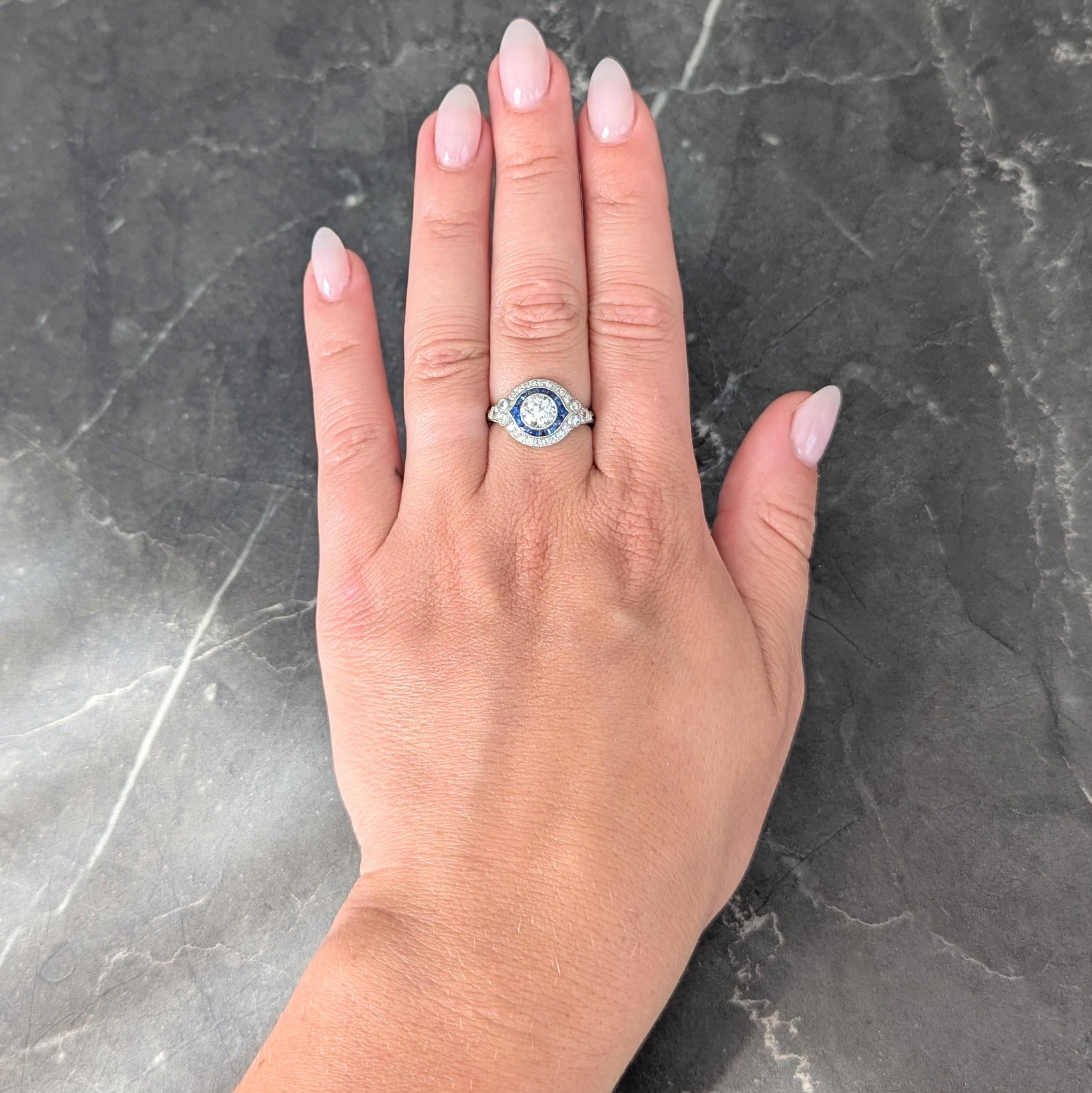 Art Deco Old European Diamond Sapphire Platinum Vintage Halo Engagement Ring