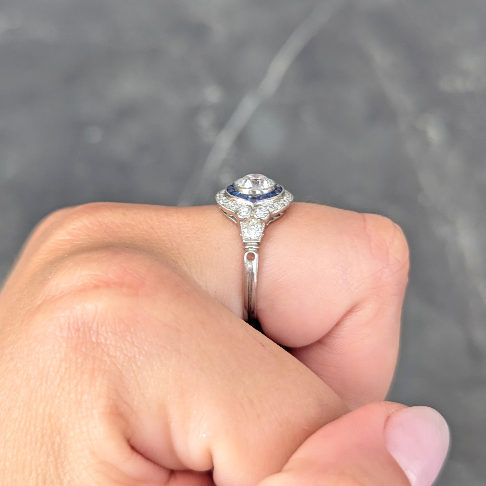 Art Deco Old European Diamond Sapphire Platinum Vintage Halo Engagement Ring