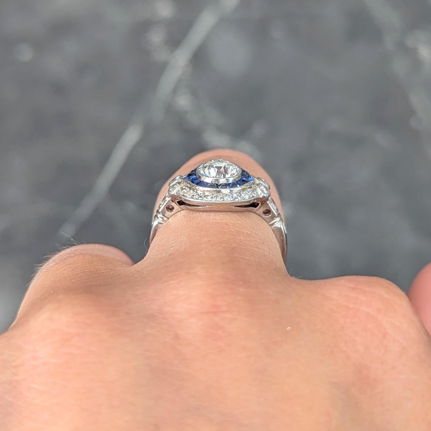 Art Deco Old European Diamond Sapphire Platinum Vintage Halo Engagement Ring