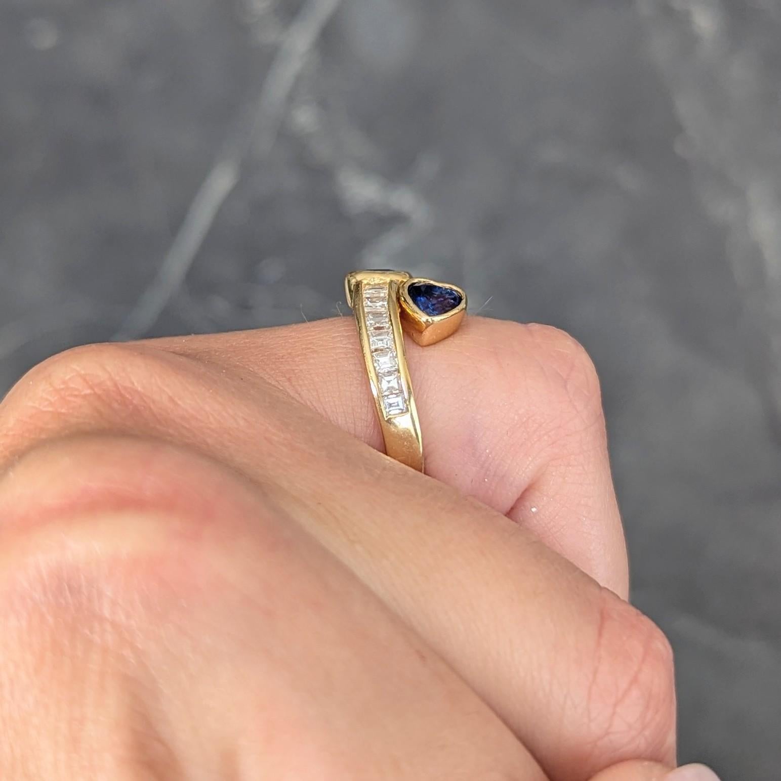 1980's Sapphire Diamond 18 Karat Yellow Gold Vintage Heart Bypass Ring