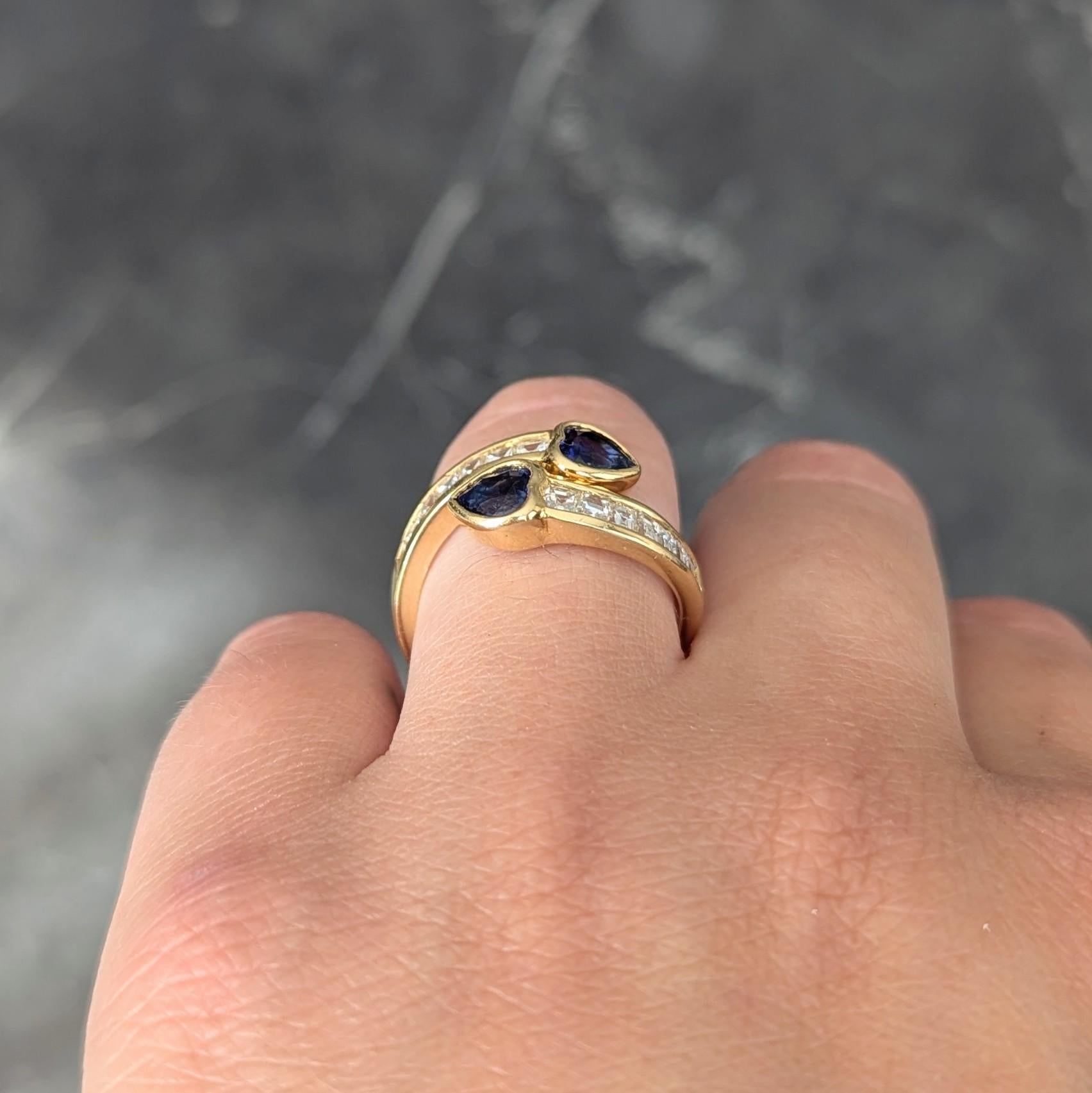 1980's Sapphire Diamond 18 Karat Yellow Gold Vintage Heart Bypass Ring
