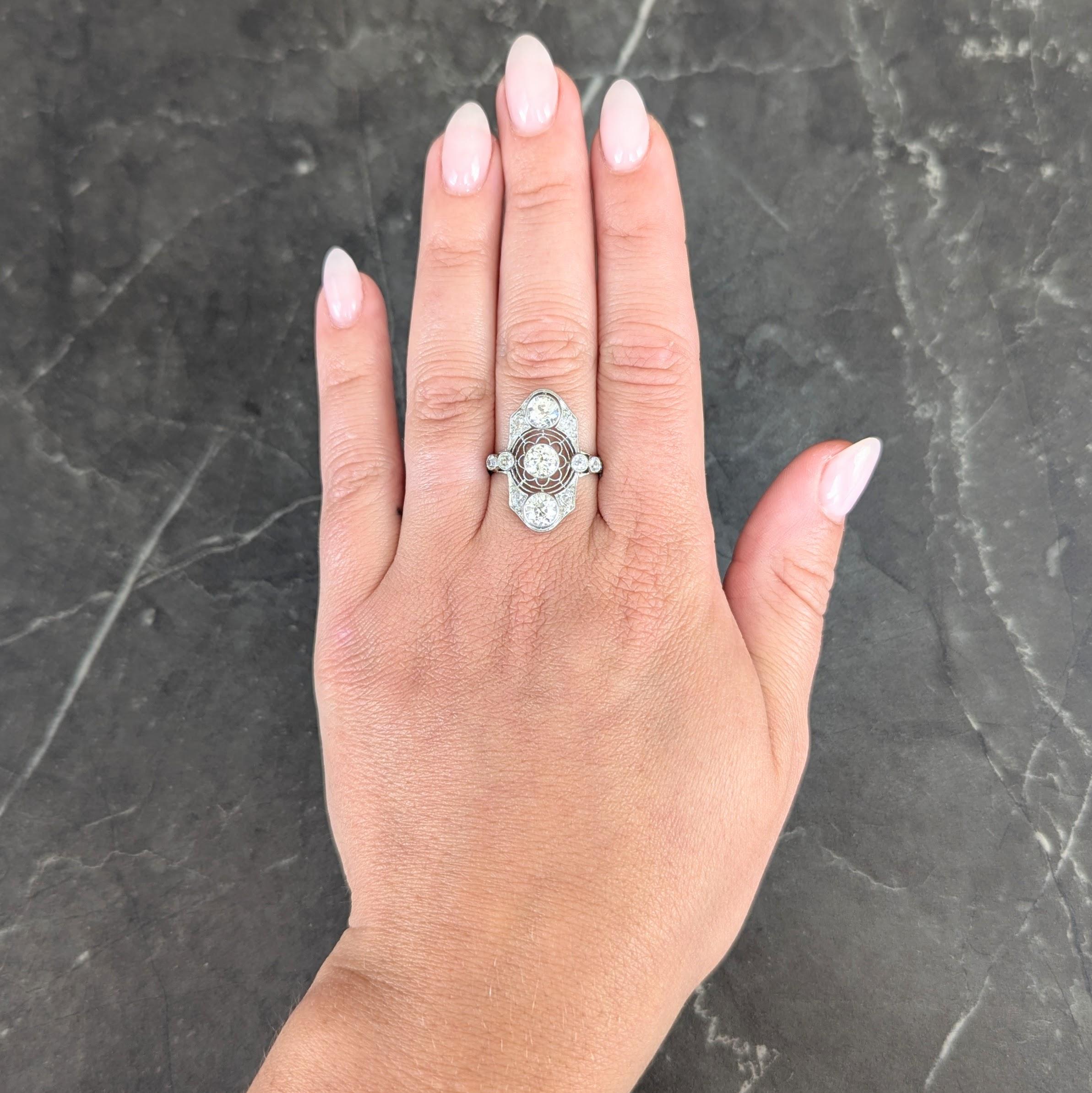 Art Deco 2.50 CTW European Diamond Platinum Vintage Floral Navette Dinner Ring