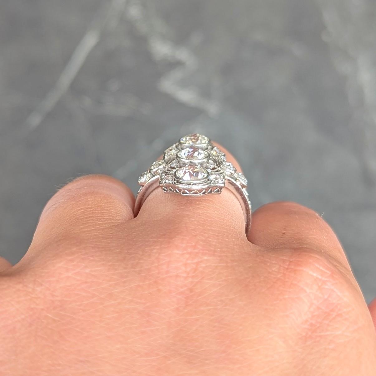 Art Deco 2.50 CTW European Diamond Platinum Vintage Floral Navette Dinner Ring