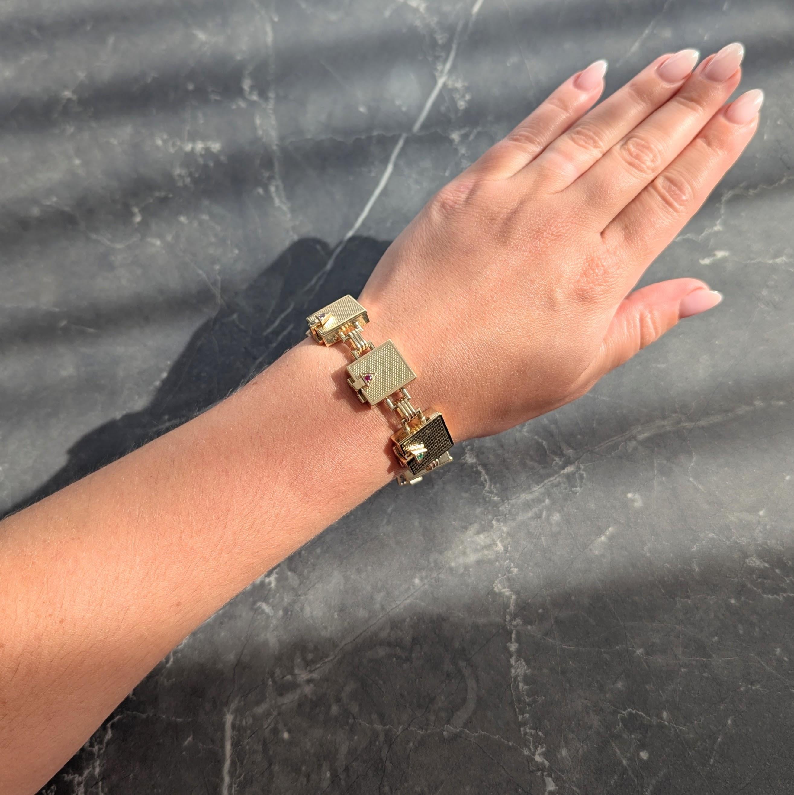 Mid-Century Multi-Gem 14K Gold Vintage Dearest Acrostic Compartment Bracelet