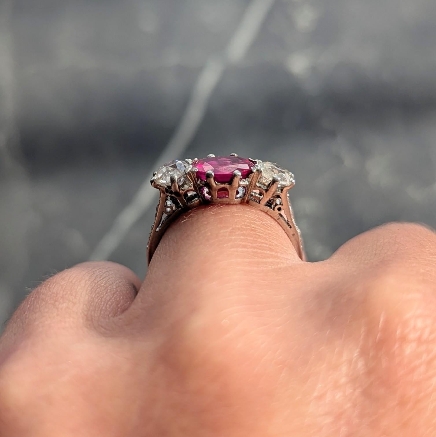 Edwardian 1.90 CTW No Heat Burma Ruby Diamond Platinum Antique Three Stone Ring