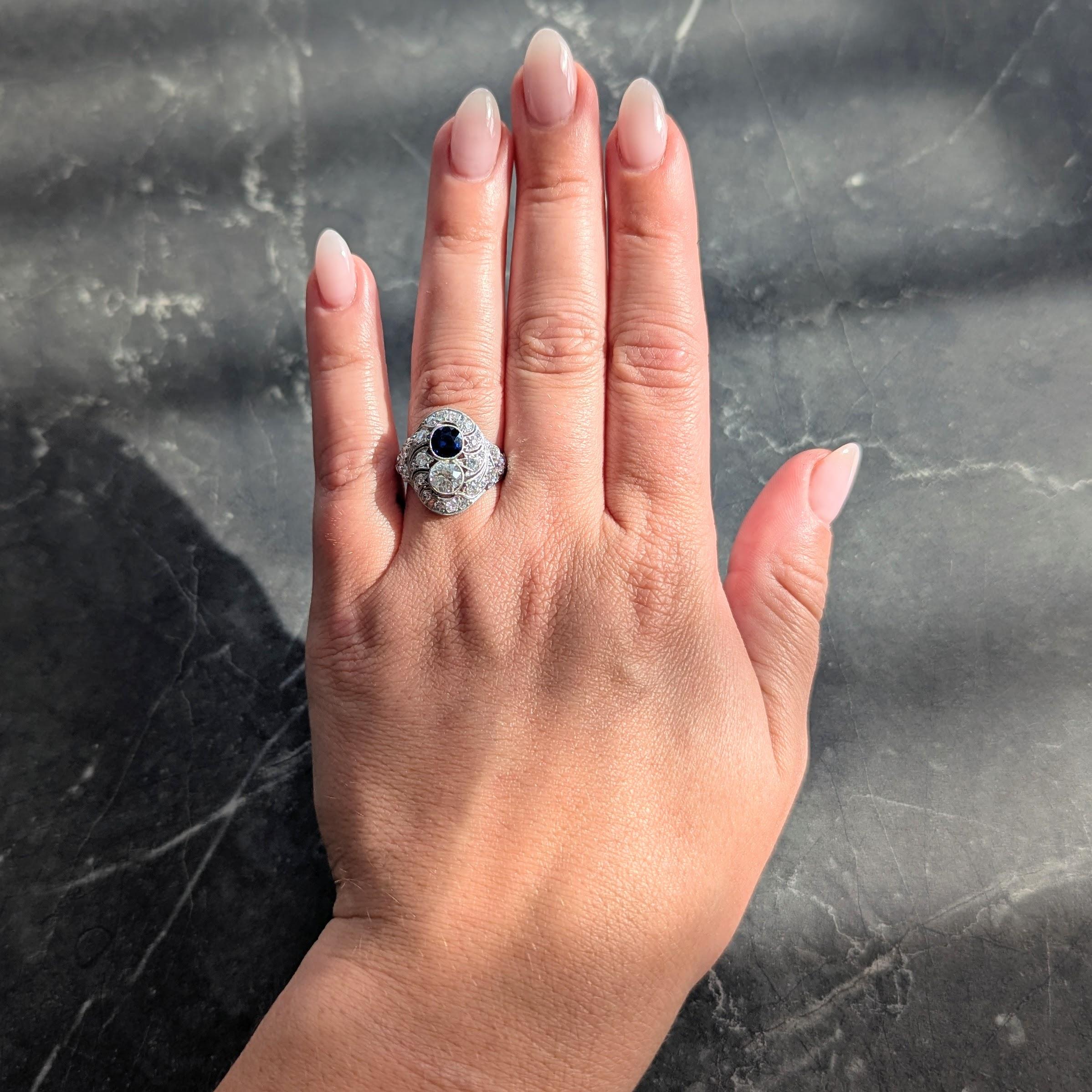 Edwardian 2.93 CTW Sapphire Diamond Platinum Antique Feather Toi-Et-Moi Ring