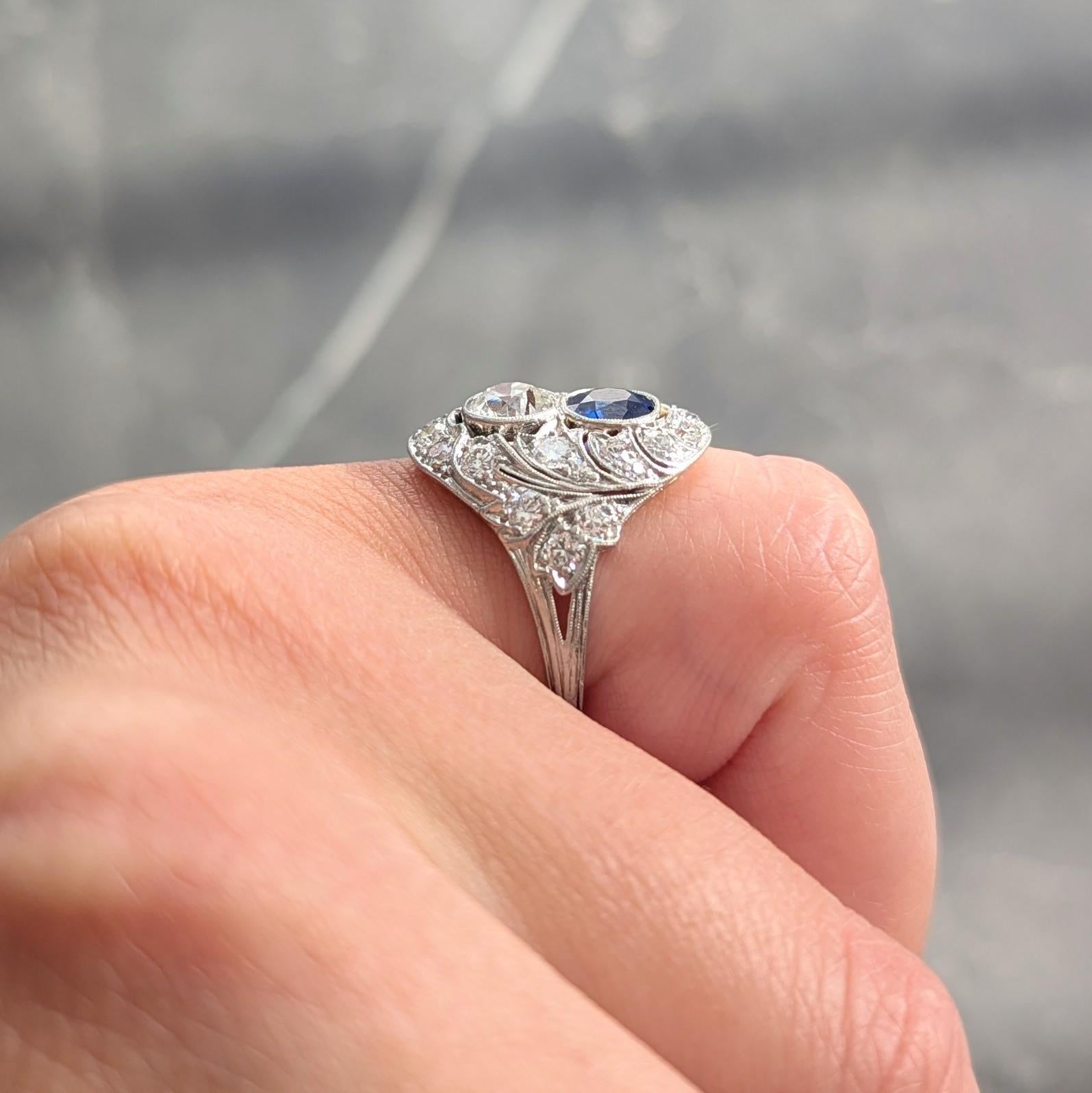 Edwardian 2.93 CTW Sapphire Diamond Platinum Antique Feather Toi-Et-Moi Ring