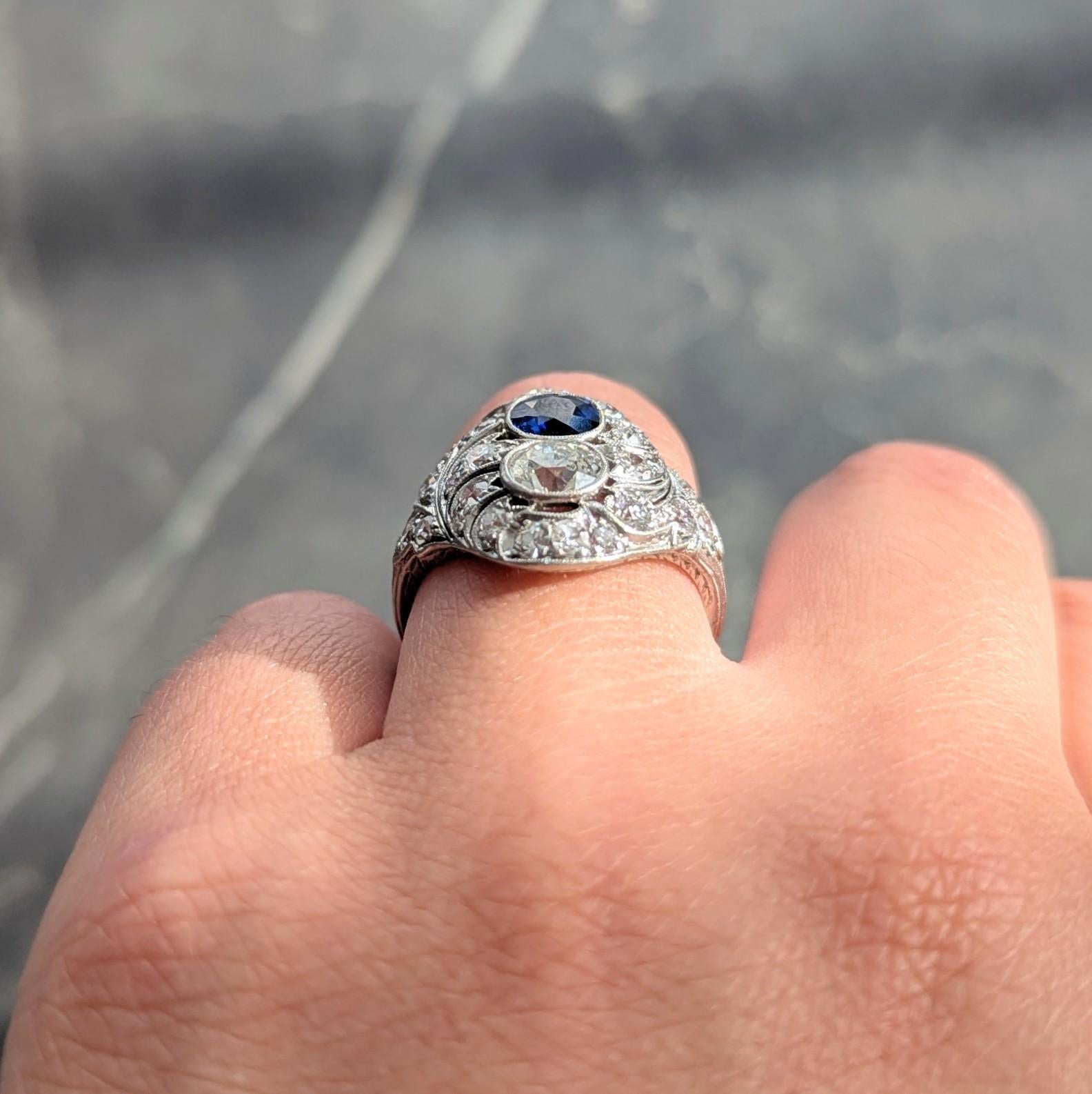 Edwardian 2.93 CTW Sapphire Diamond Platinum Antique Feather Toi-Et-Moi Ring