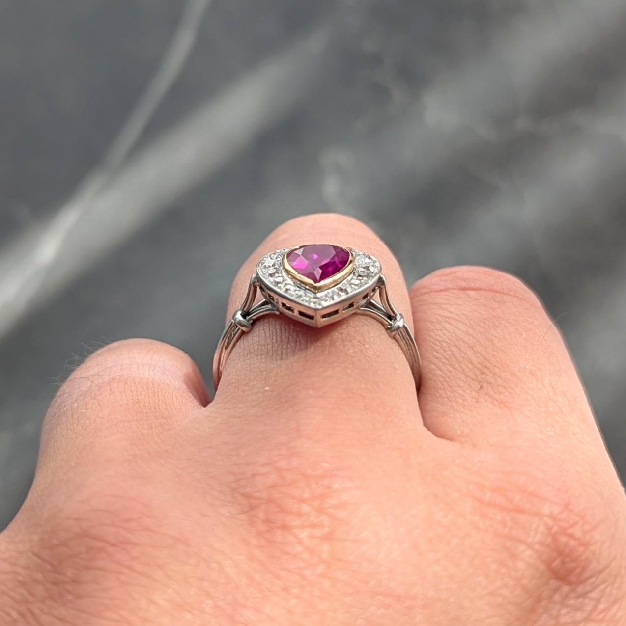 Edwardian 2.50 CTW No Heat Burma Ruby Diamond 14K Gold Heart Antique Halo Ring