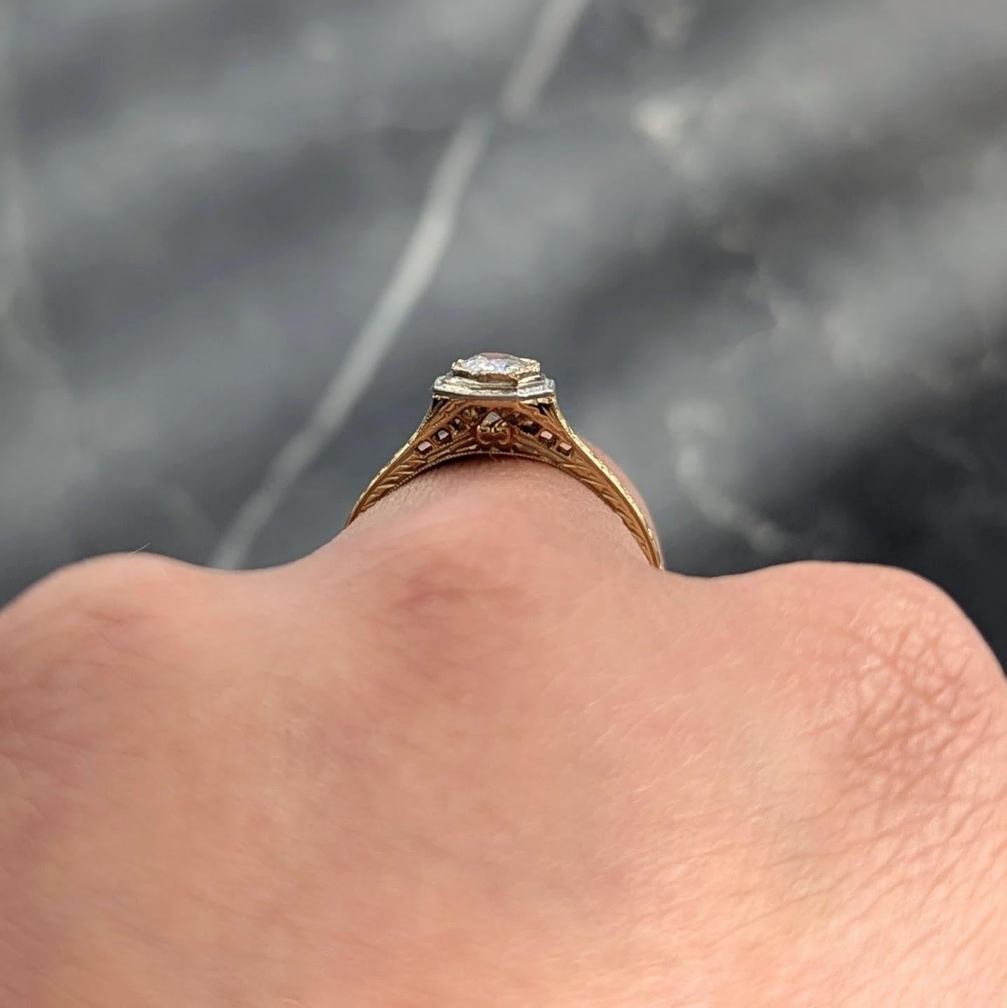 Art Deco European Diamond Platinum 18 Karat Yellow Gold Vintage Engagement Ring