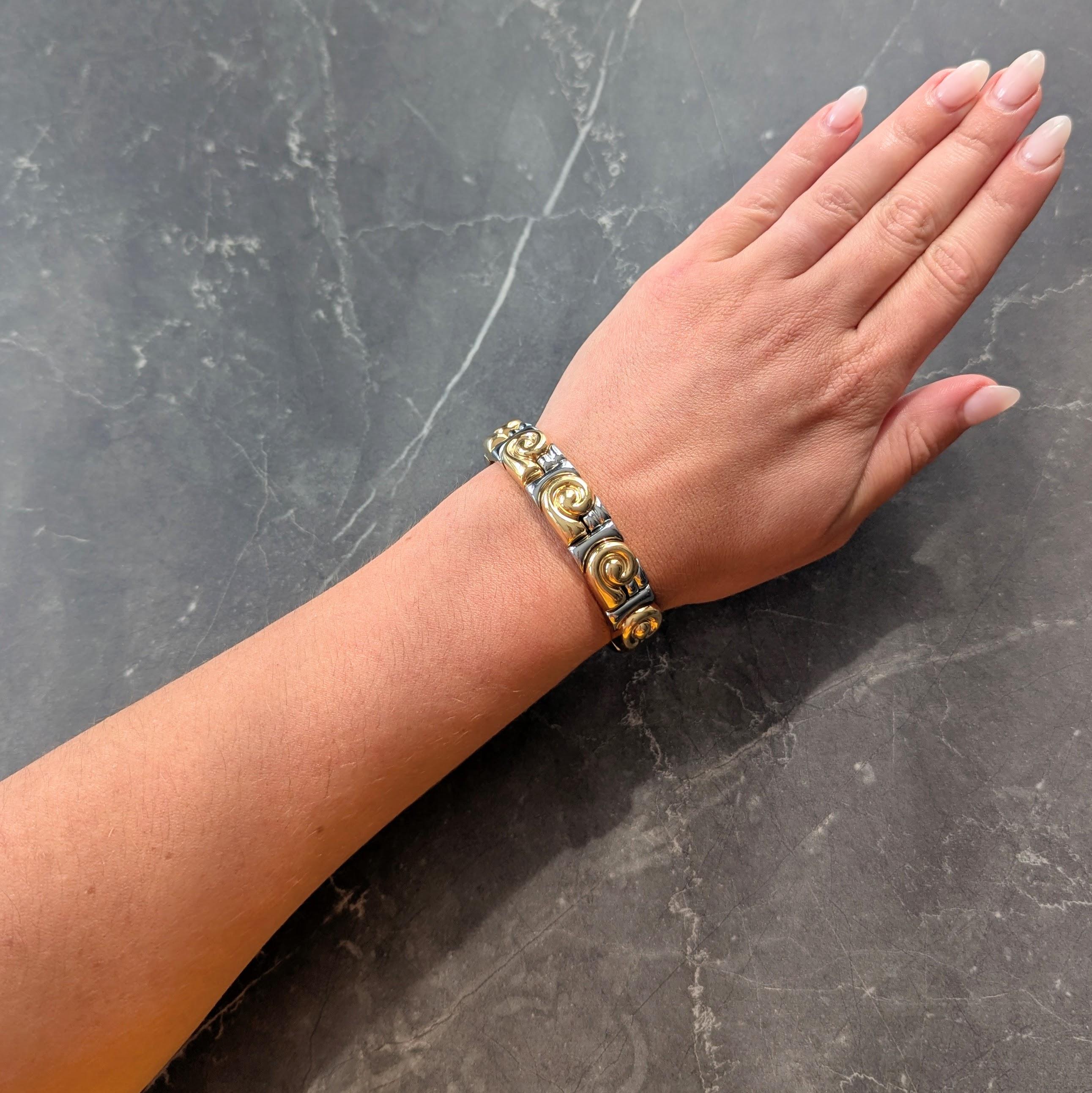 Bulgari 1990's 18K Gold Stainless Steel Vintage Saetta Swirl Cuff Bracelet