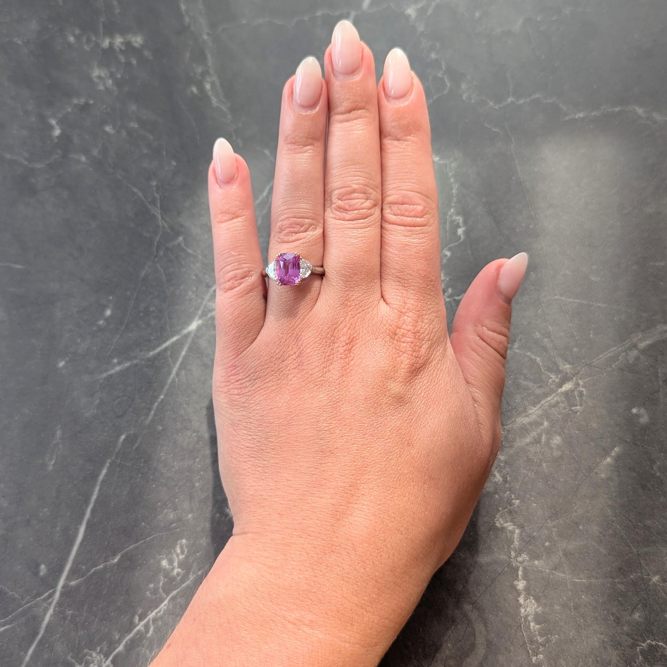 4.03 CTW No Heat Pink Sapphire Diamond Platinum 18K Gold Three Stone Ring