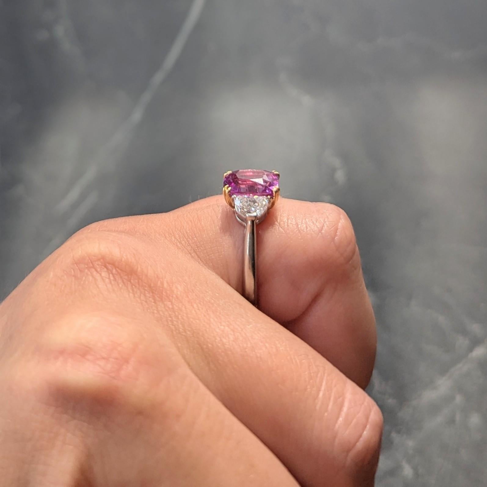 4.03 CTW No Heat Pink Sapphire Diamond Platinum 18K Gold Three Stone Ring