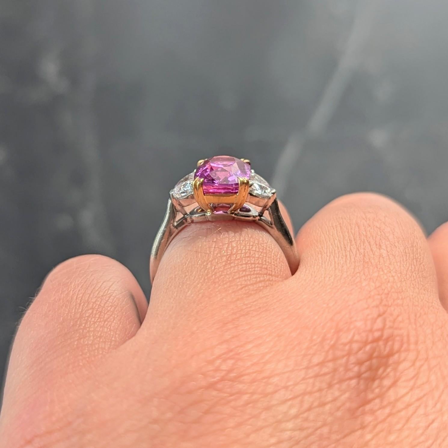 4.03 CTW No Heat Pink Sapphire Diamond Platinum 18K Gold Three Stone Ring