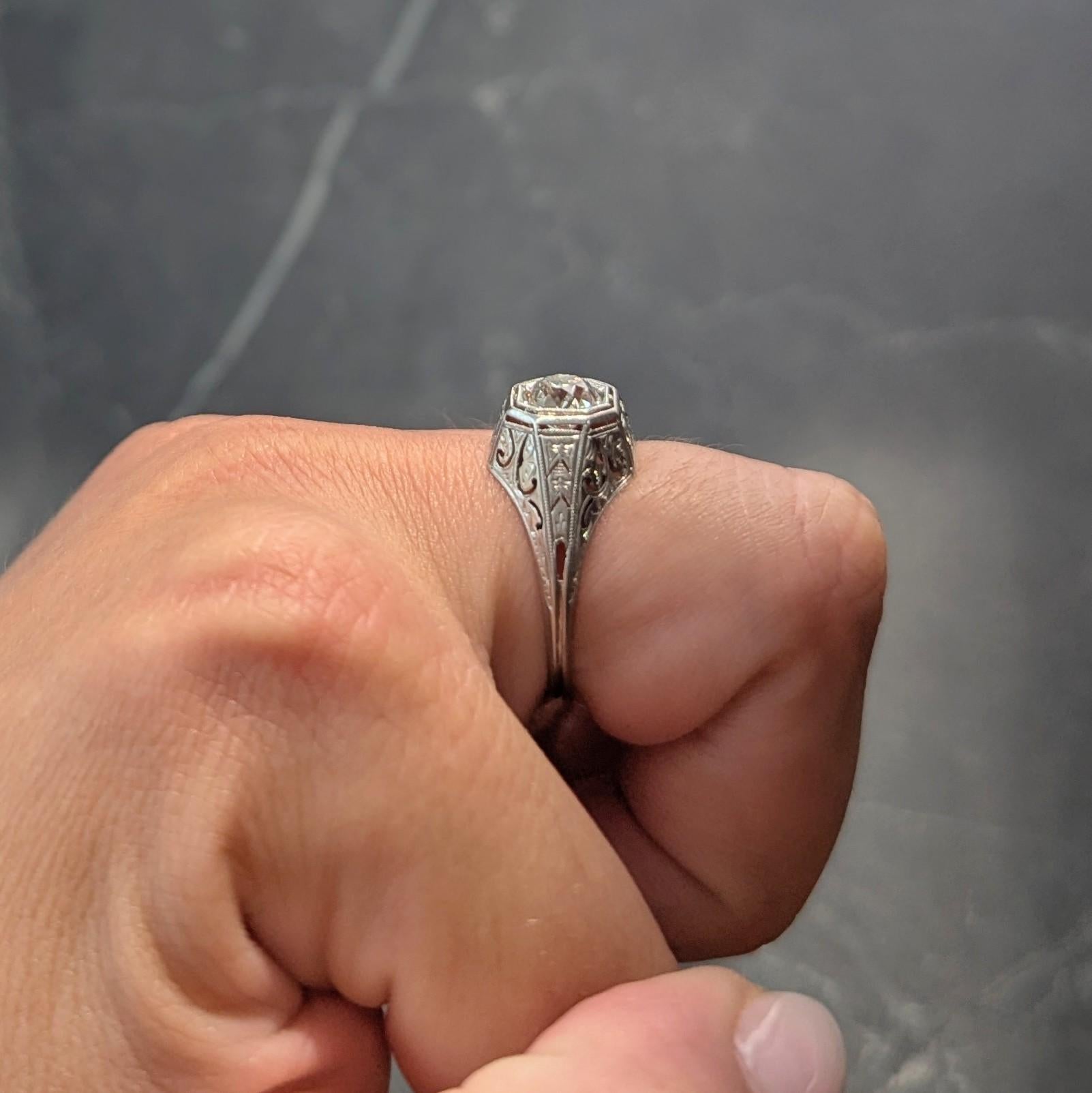 Art Deco 0.93 CTW Old Mine Diamond Platinum Vintage Solitaire Engagement Ring