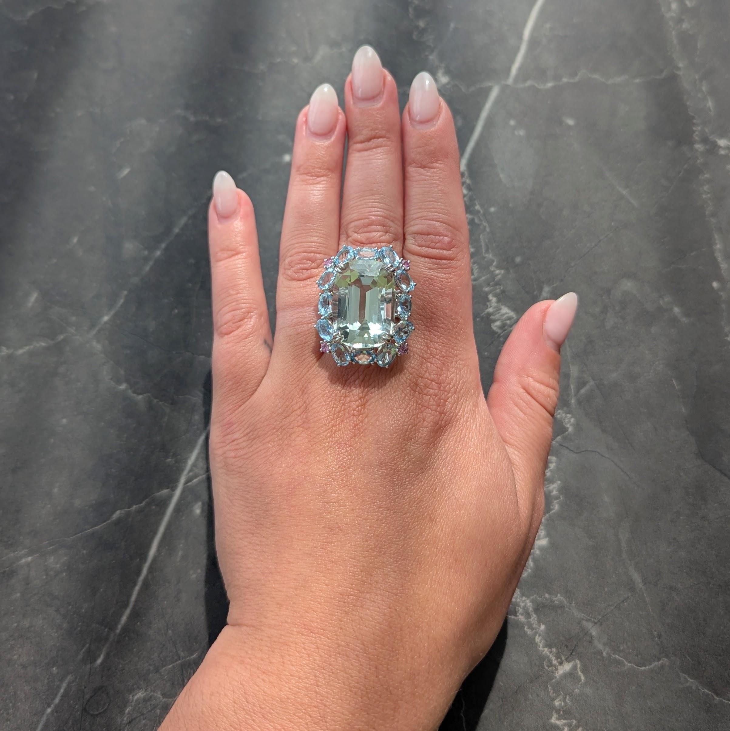Contemporary 31.89 CTW Prasiolite Aquamarine Sapphire Platinum Cocktail Ring
