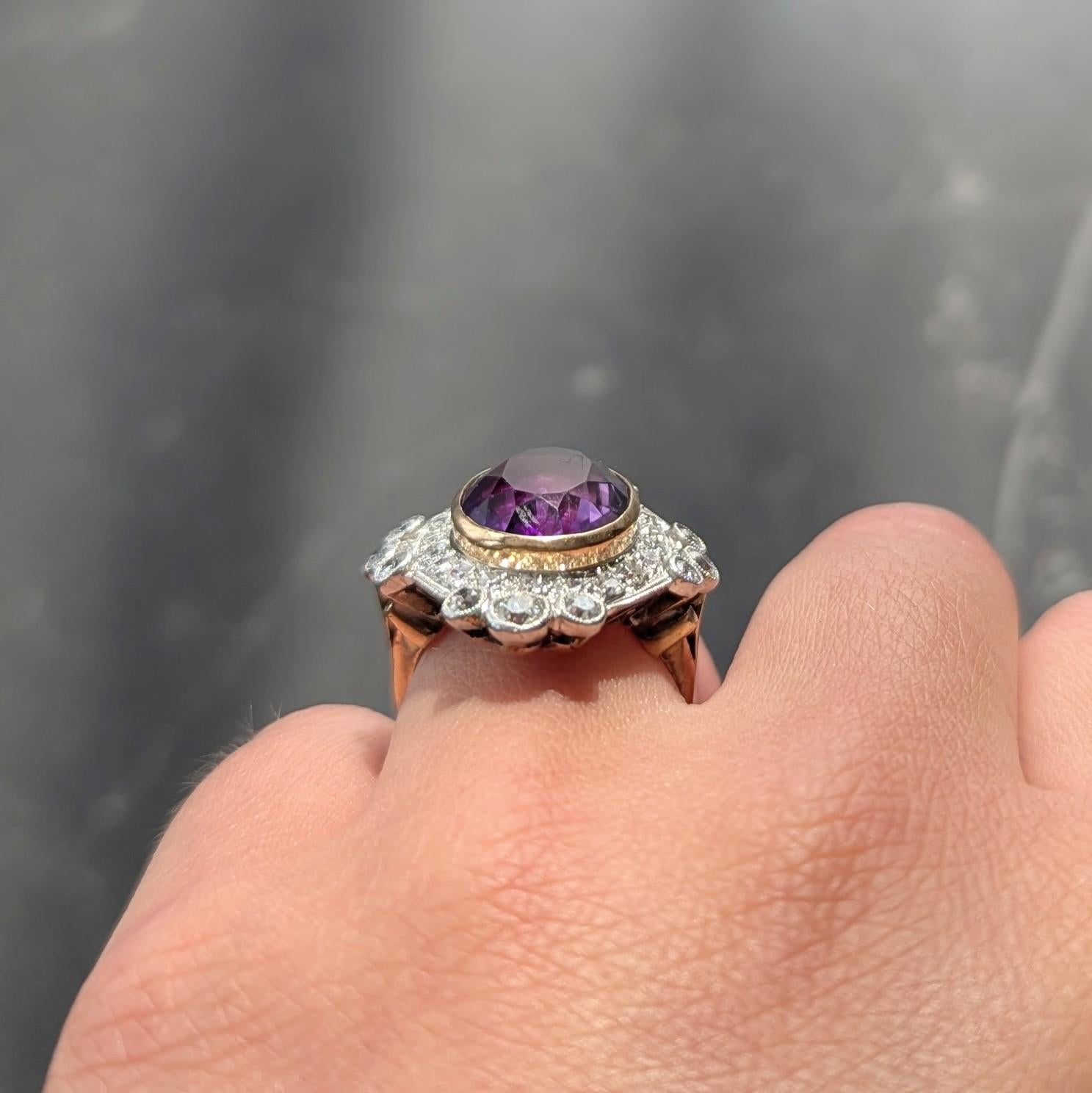 Edwardian 8.15 CTW Amethyst Diamond Platinum 14K Gold Antique Fleur-De-Lis Ring