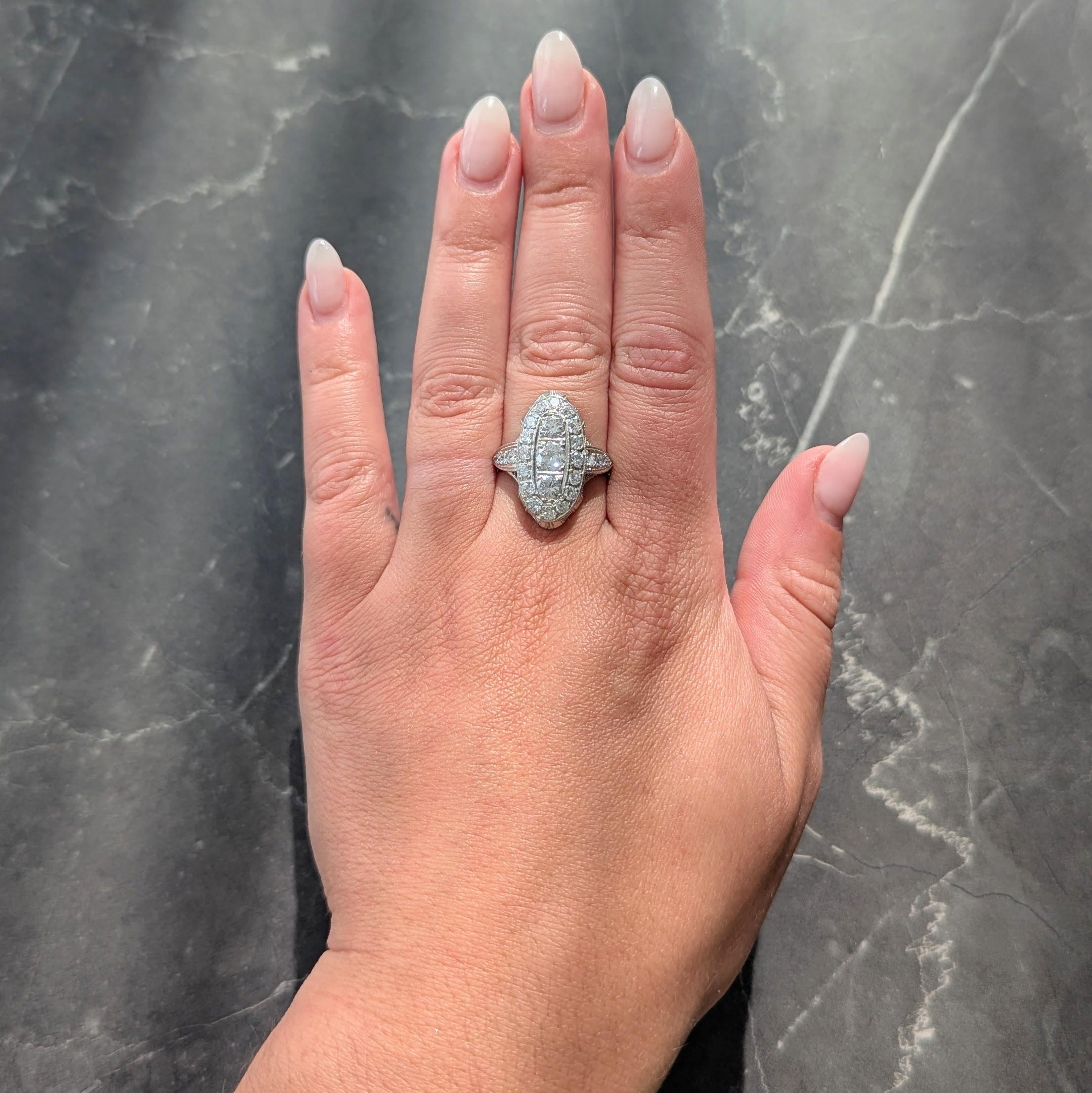 Edwardian 2.68 CTW Diamond Platinum Antique Scrolling Navette Dinner Ring
