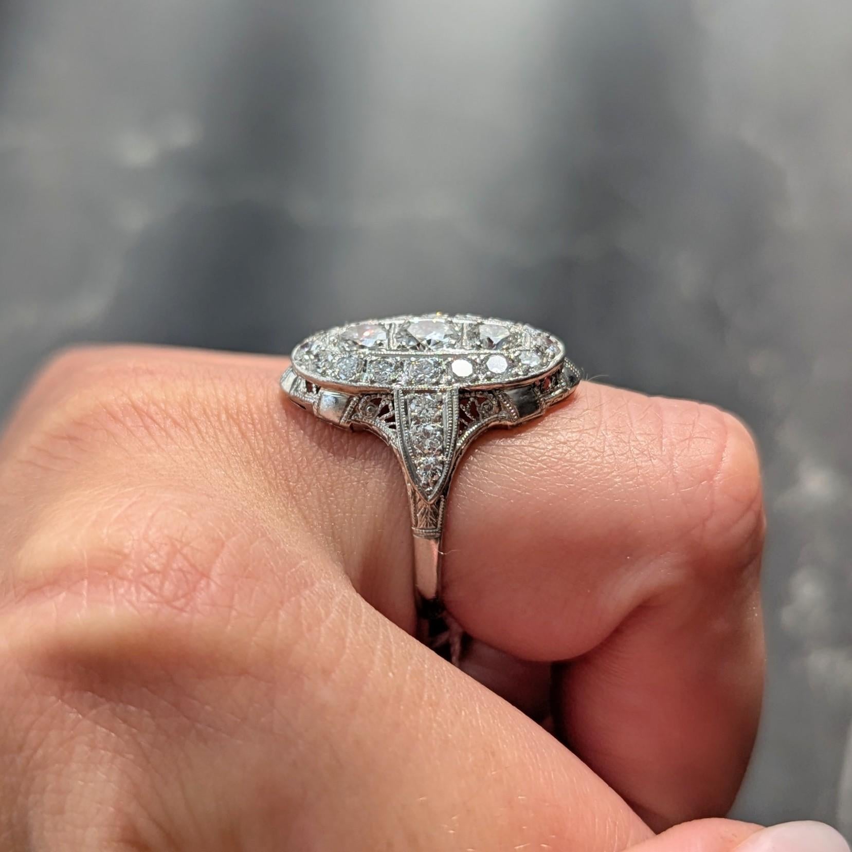 Edwardian 2.68 CTW Diamond Platinum Antique Scrolling Navette Dinner Ring