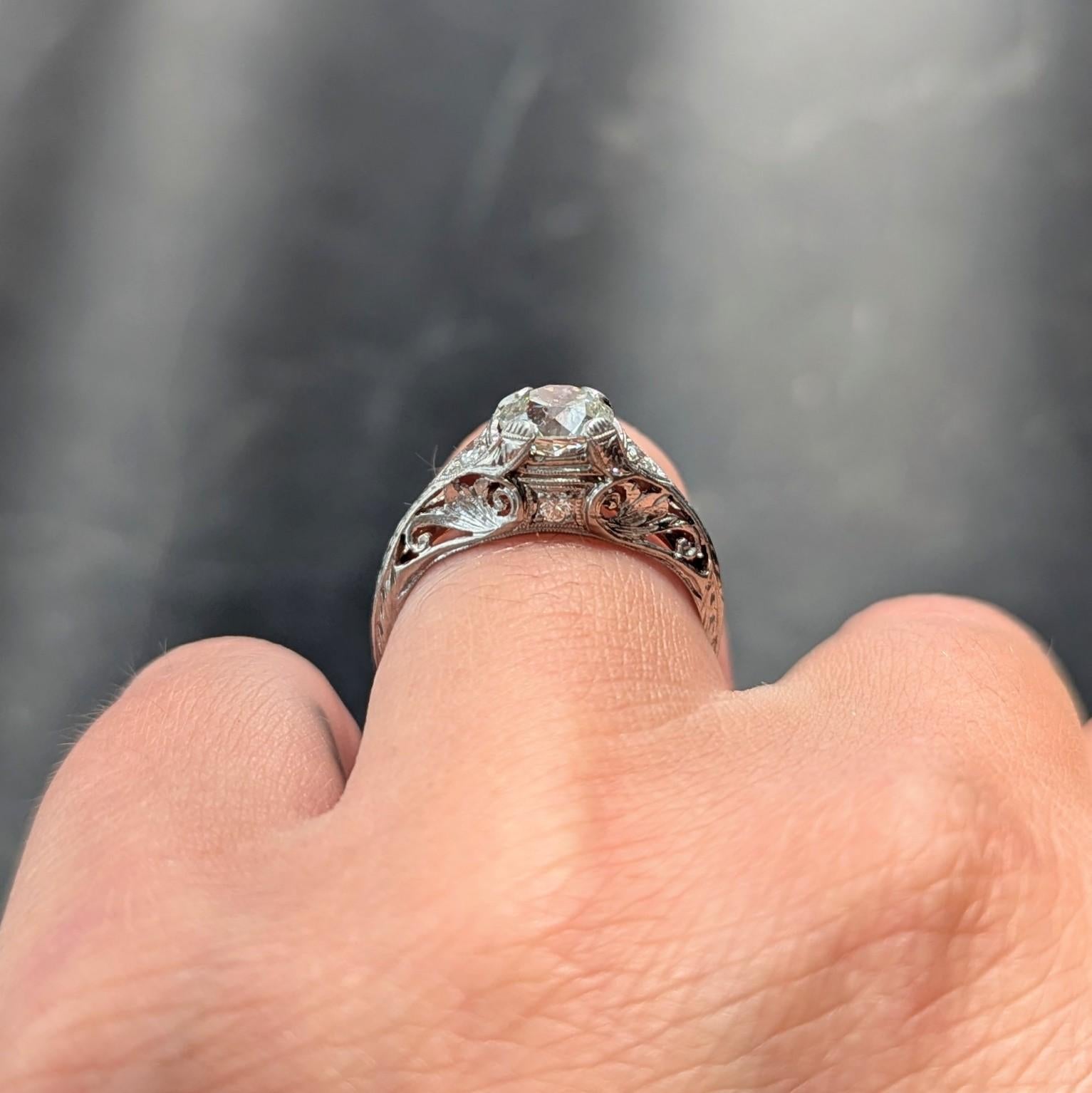 Edwardian 1.30 CTW Old European Diamond Platinum Antique Foliate Engagement Ring