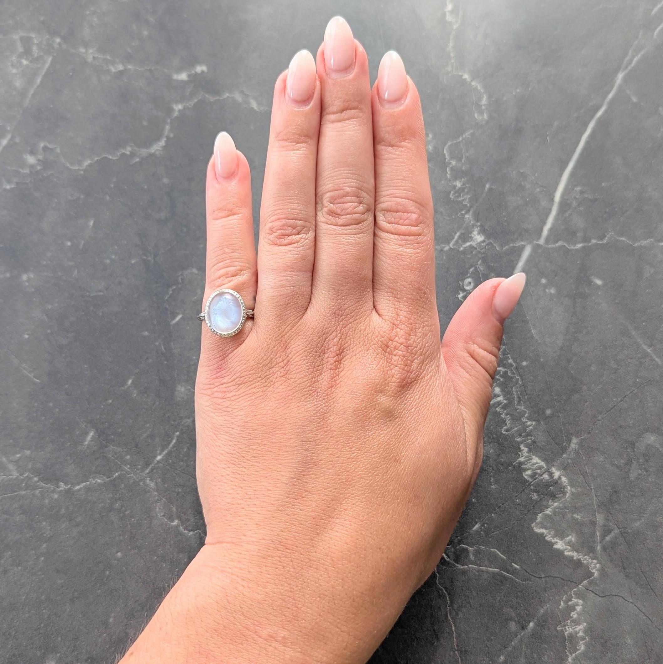 Art Deco Moonstone Platinum Vintage Carved Intaglio Women Portrait Ring